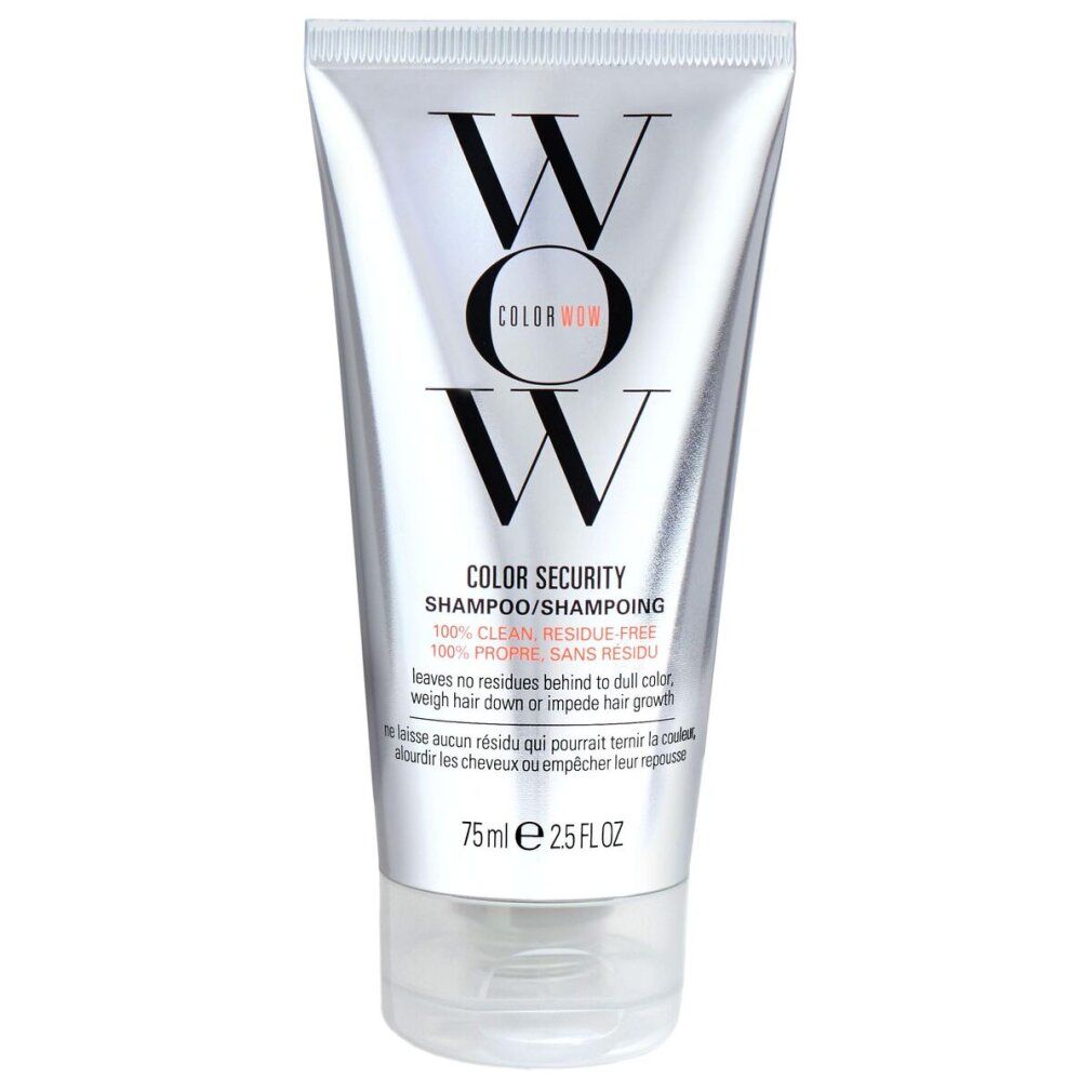 Piccolo tubo d'argento con tappo nero. Scritta "WOW COLOR WOW". Testo: "COLOR SECURITY SHAMPOO". Volume: 75 ml / 2.5 FL OZ.