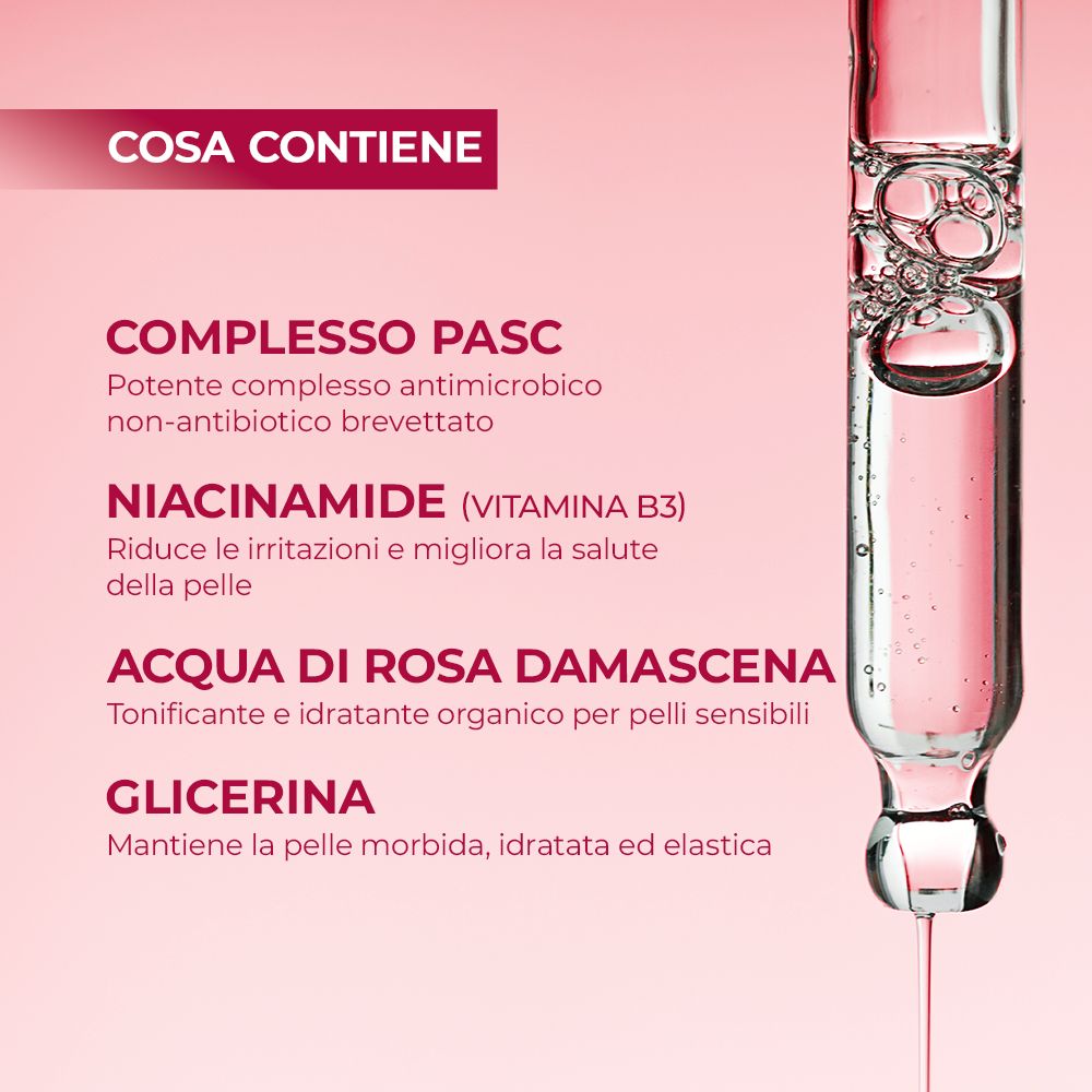 Primo piano degli ingredienti. Testo: Complesso PASC, Niacinamide, Acqua di rose di Damasco, Glicerina.