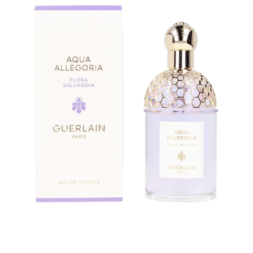 Flacone e scatola di Guerlain Aqua Allegoria Flora Salvaggia. Flacone con tappo dorato, scatola bianca con dettagli viola.