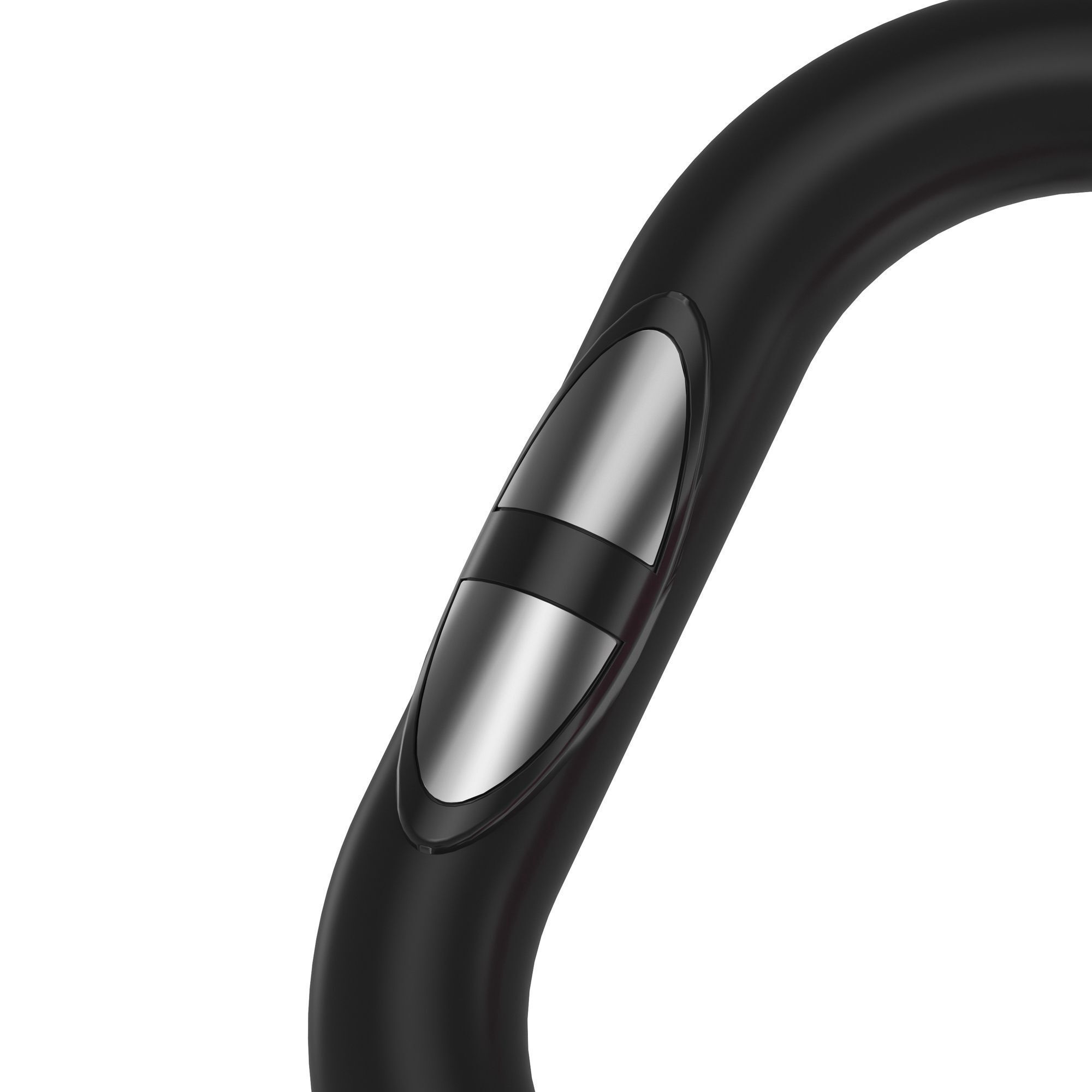 Primo piano del manubrio di una cyclette. Manubrio nero con comandi argentati.