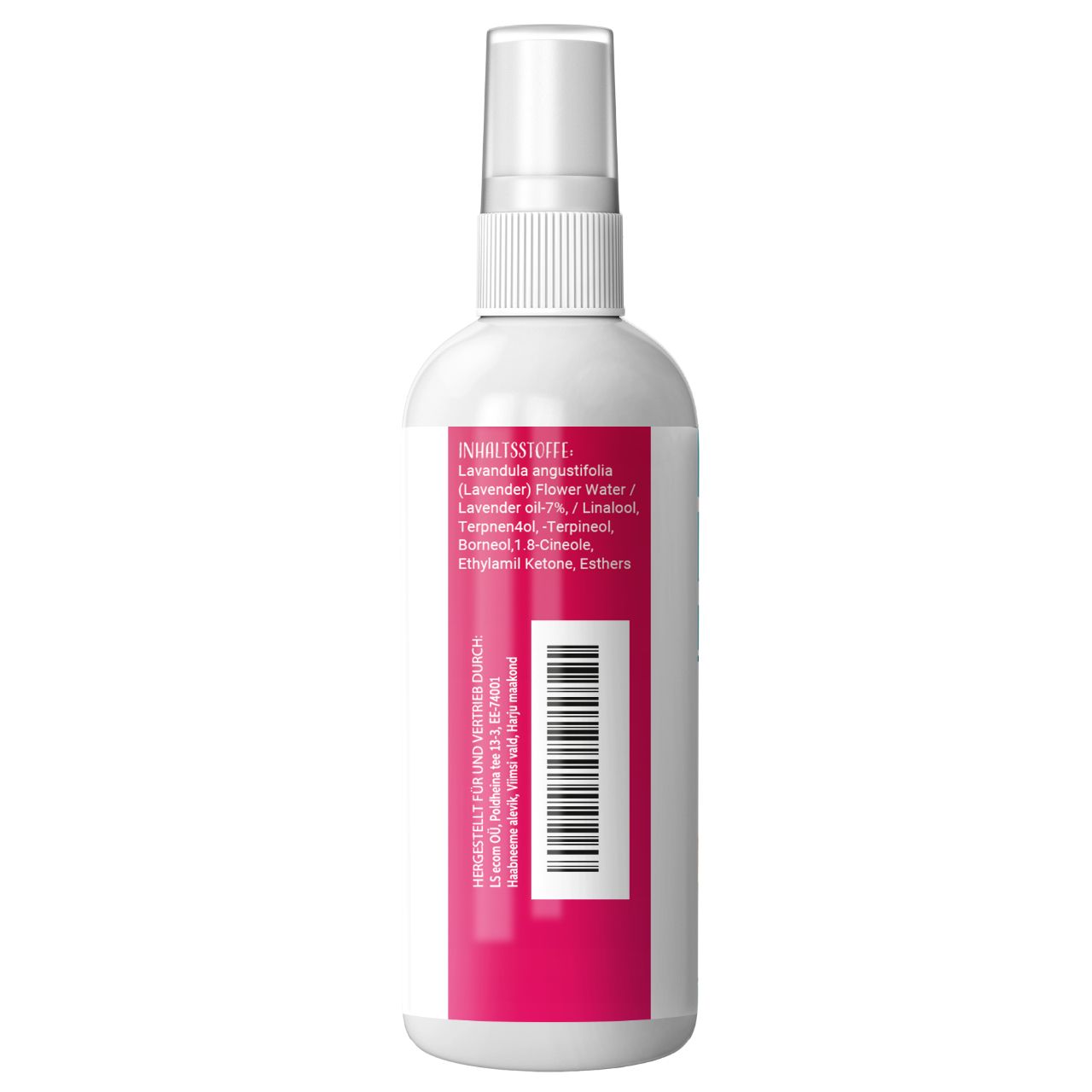 Retro di un flacone spray bianco con etichetta rosa. Testo: Ingredienti. Codice a barre. Informazioni del produttore.