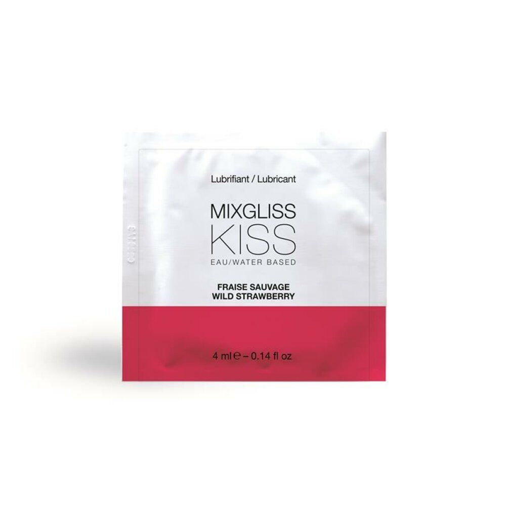 Confezione singola con banda rossa e nome del prodotto. Testo: Mixgliss Kiss, Fraise Sauvage, a base d'acqua.