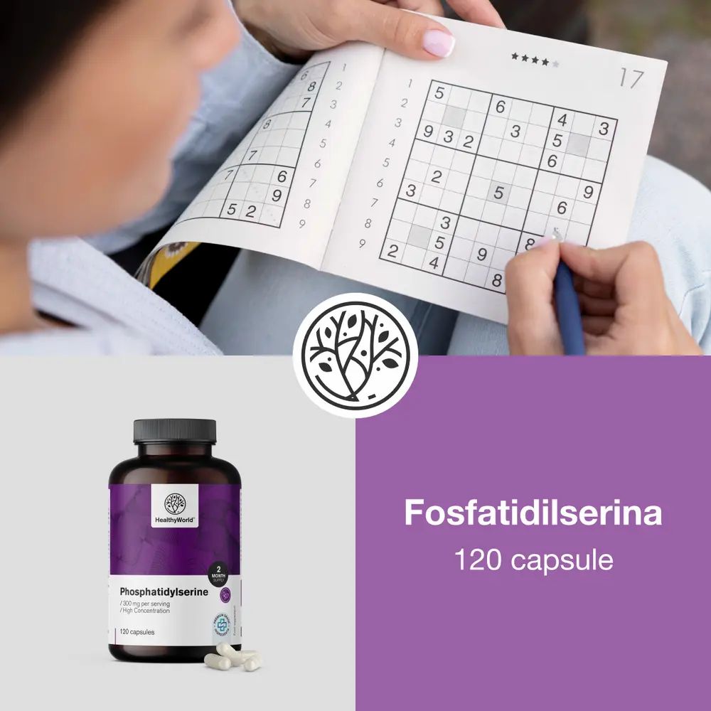 Tre barattoli da 120 capsule di fosfatidilserina, logo, testo 'Ridurre gli effetti dello stress'.