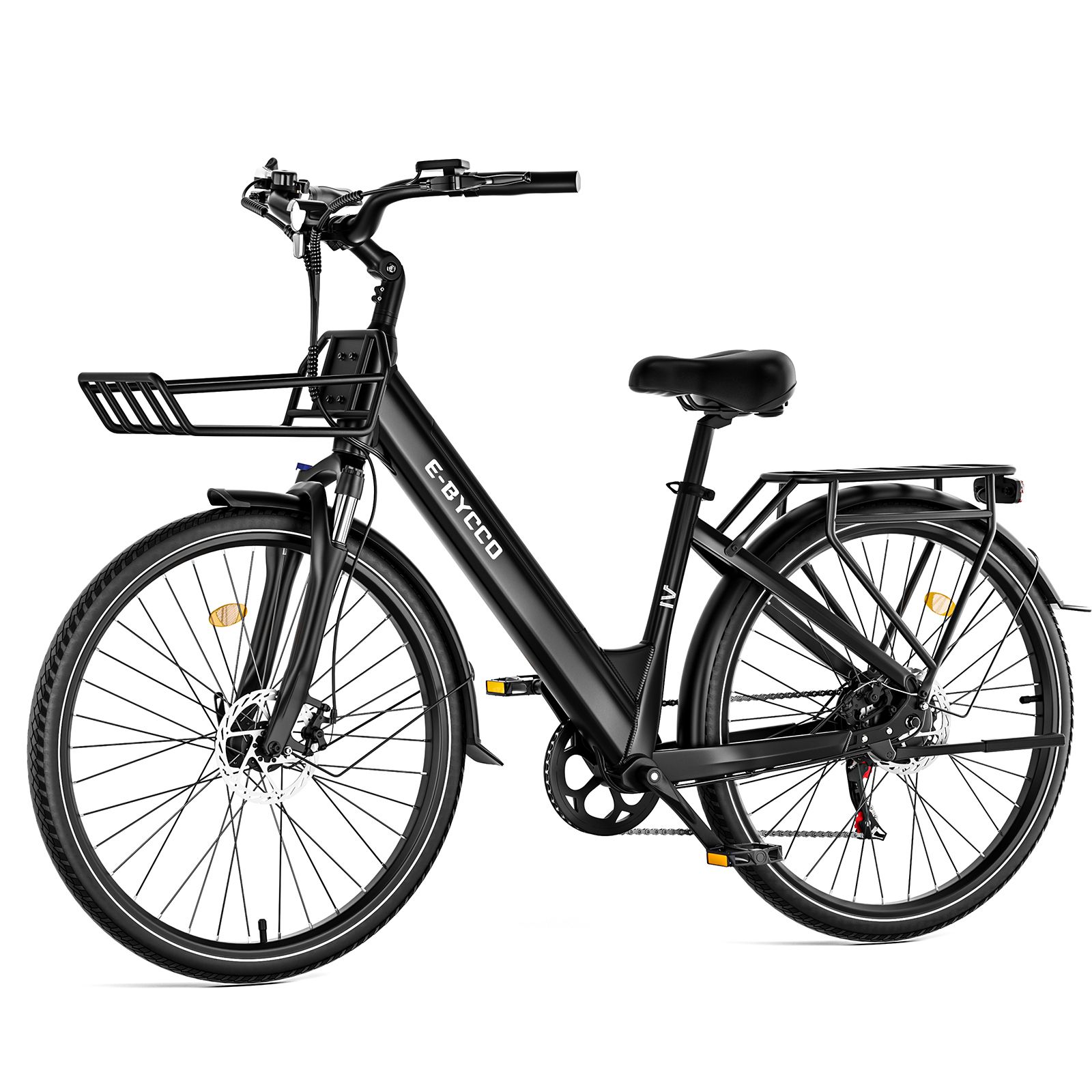 E-bike nera con portapacchi, cestino e parafanghi. Marchio E-BYCCO.