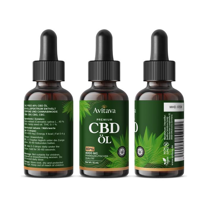 Tre flaconi di olio CBD Avitava con contagocce, viste diverse. Vetro scuro con etichetta verde.