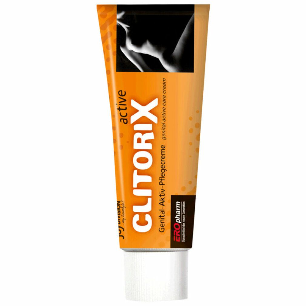 Tubo di ClitoriX active. Arancione con nome del prodotto e immagine di donna. Testo: Genital-Aktiv-Pflegecreme.