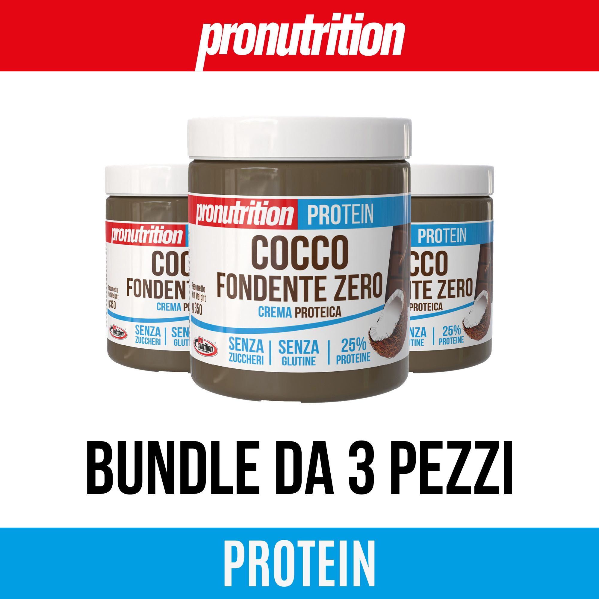 Tre barattoli di crema proteica Pronutrition. Scritta: Cocco Fondente Zero, 25% proteine. Senza zucchero e glutine. Scritta: Bundle da 3 pezzi.