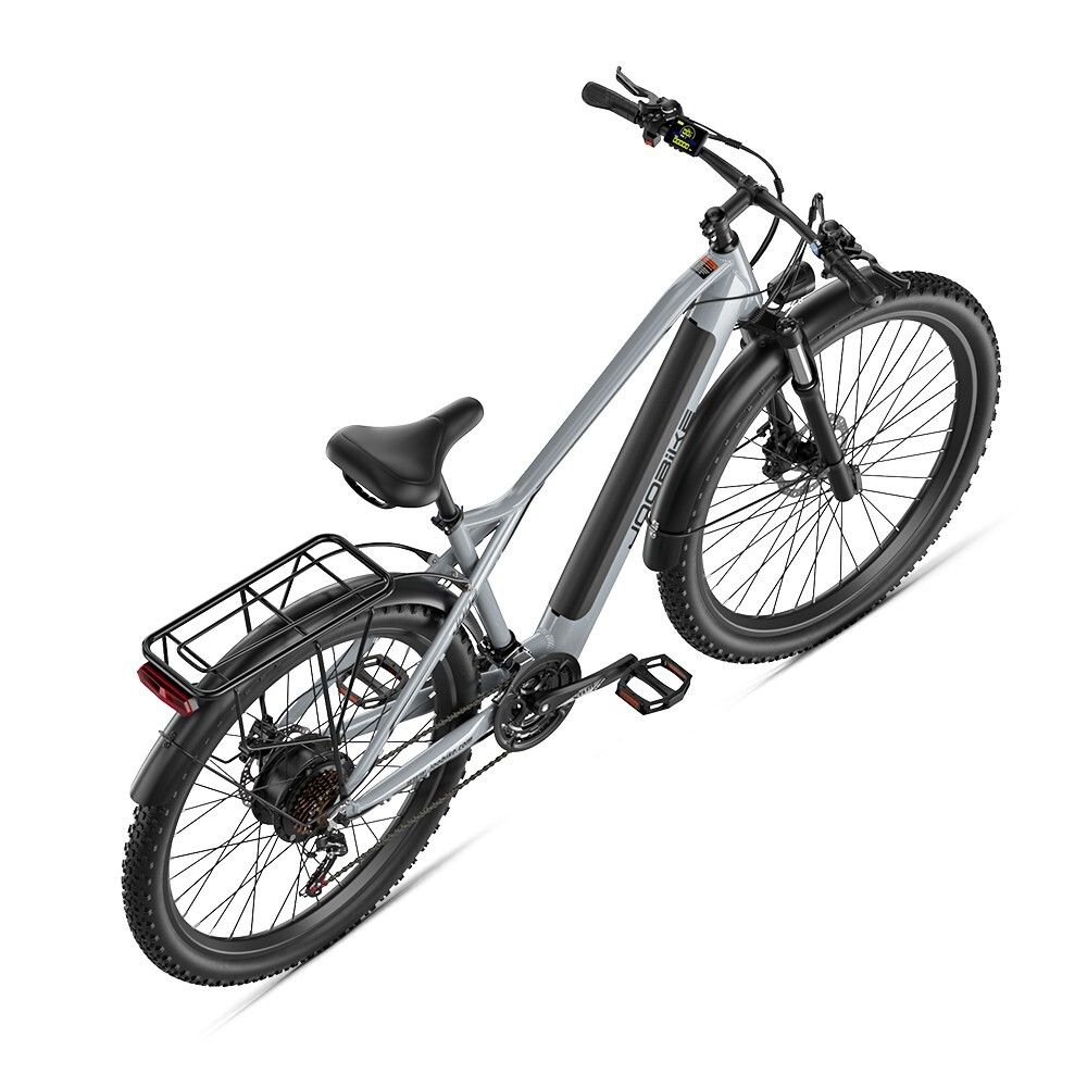 E-bike grigio JOOBIKE J002, 29 pollici, pneumatici all-terrain, portapacchi, parafanghi neri.