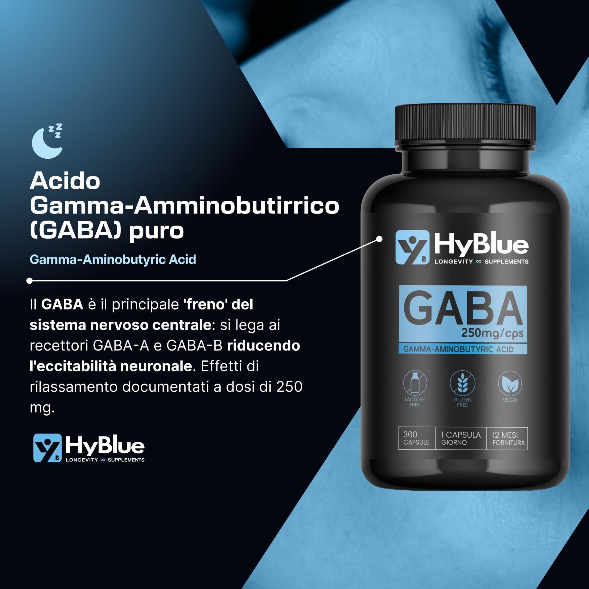 Flacone nero HyBlue GABA 250mg/capsula. Contiene 360 capsule.