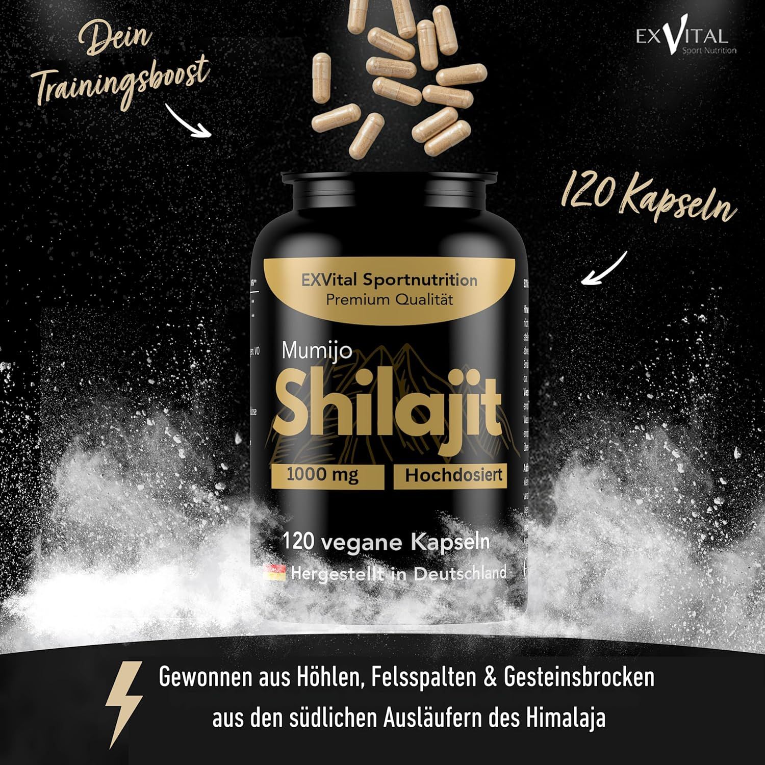 Flacone nero EXVital Shilajit. Capsule che cadono. 120 capsule. Prodotto in Germania.
