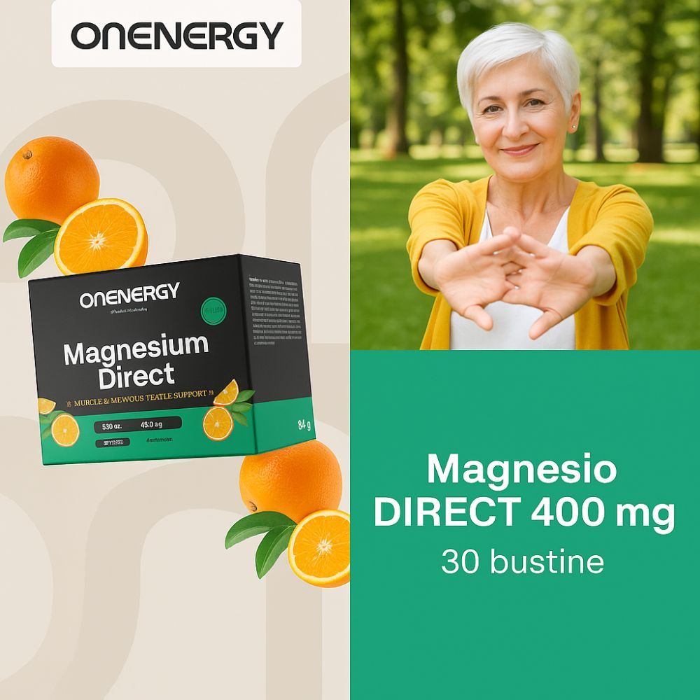 Magnesio DIRECT 400 mg, 30 bustine. Scatola con prodotto e arance. Donna nel parco.