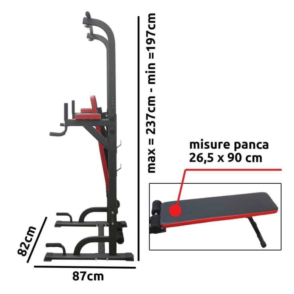 Attrezzo fitness con dimensioni: max = 237cm - min = 197cm, 87cm, 82cm. Dimensioni panca: 26,5 x 90 cm. Struttura nera, imbottitura rossa.