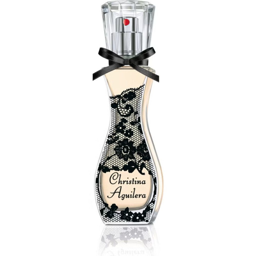 Flacone di profumo con motivo a pizzo nero e fiocco. Scritta.