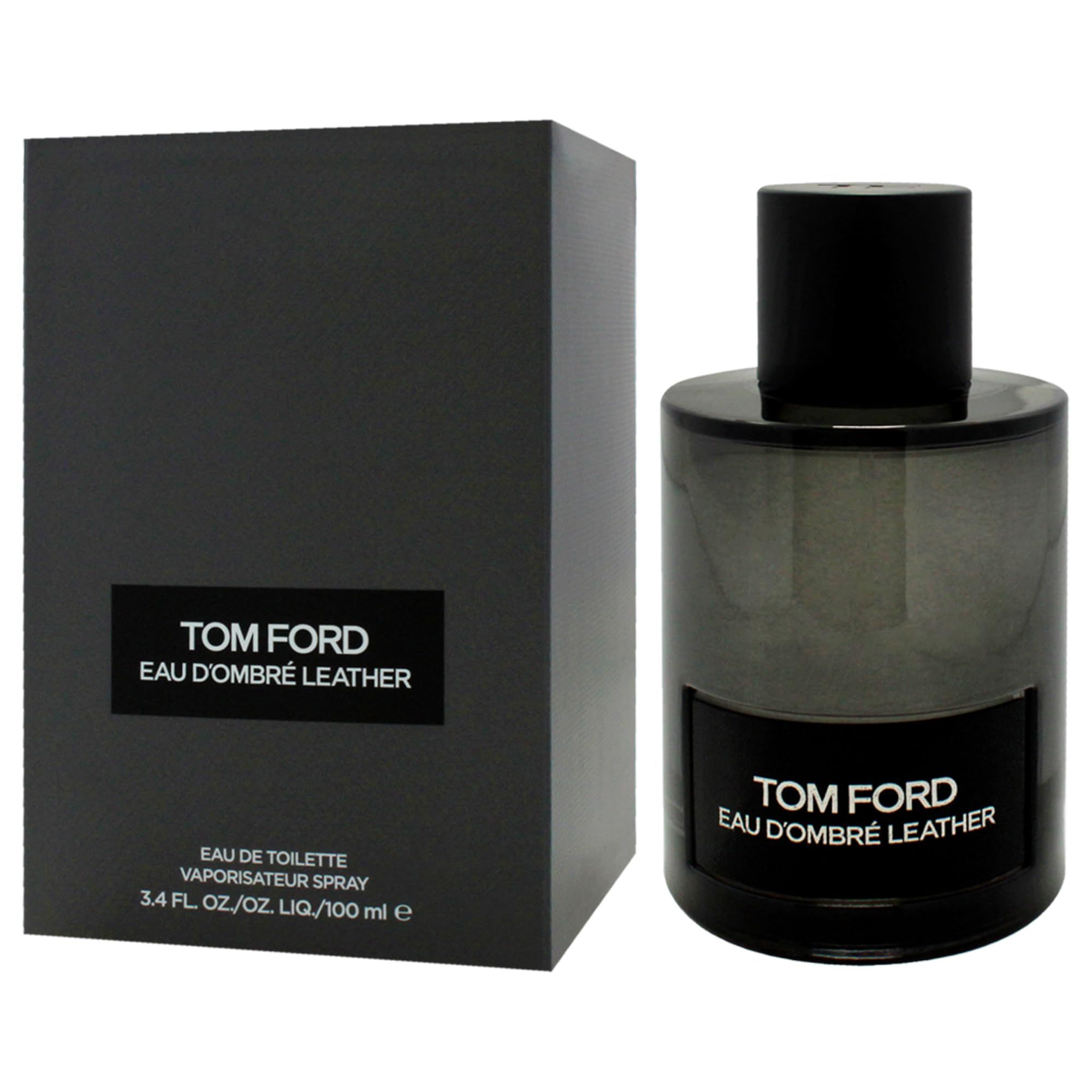 Flacone in vetro grigio con tappo nero e confezione nera. Scritta: TOM FORD EAU D'OMBRÉ LEATHER.