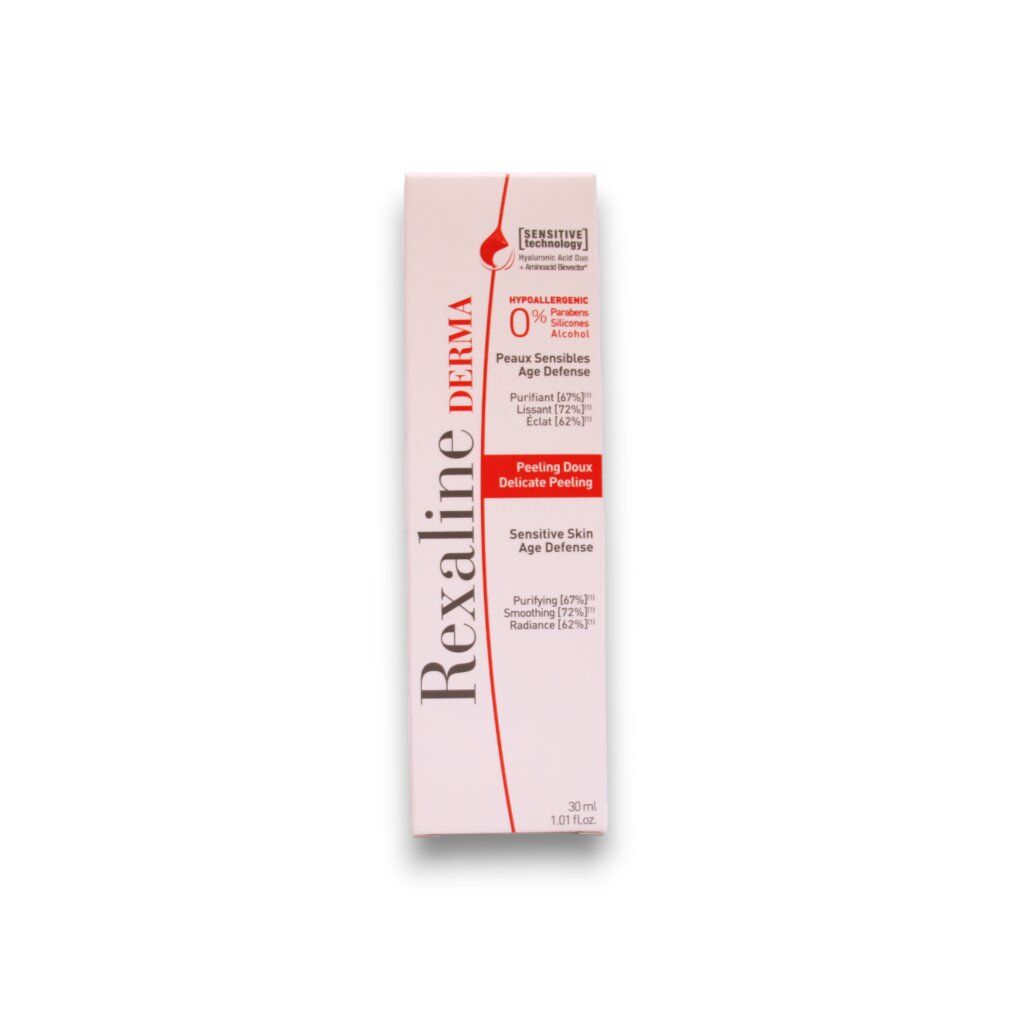 Confezione in cartone con scritta: Rexaline Derma. Pelli sensibili. Ipoallergenico. Peeling Doux. Age Defense. 30 ml.