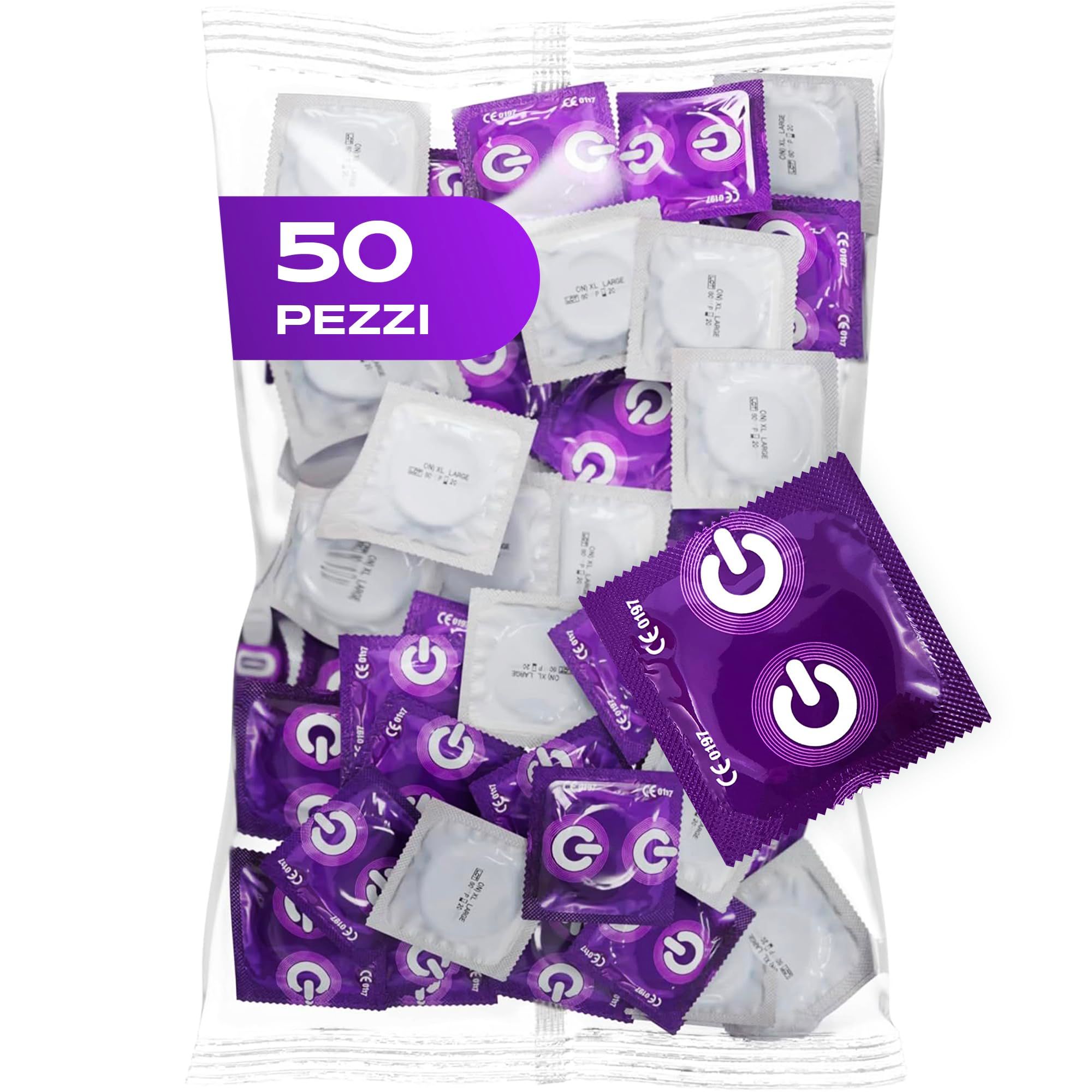 Confezione da 50 preservativi, viola e bianchi, certificati vegan.