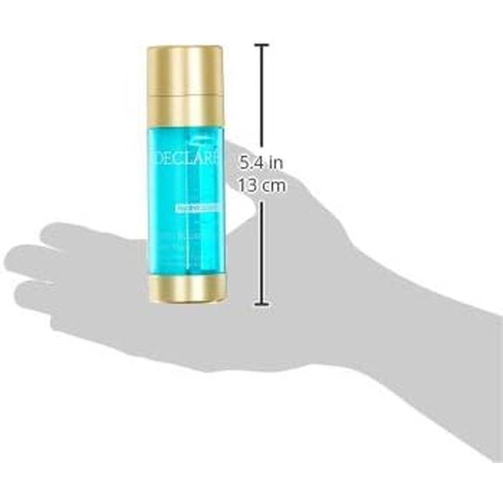 Prodotto circondato da spruzzi d'acqua. Flacone cilindrico con liquido blu, tappo e base dorati. DECLARÉ, hydrobalance.