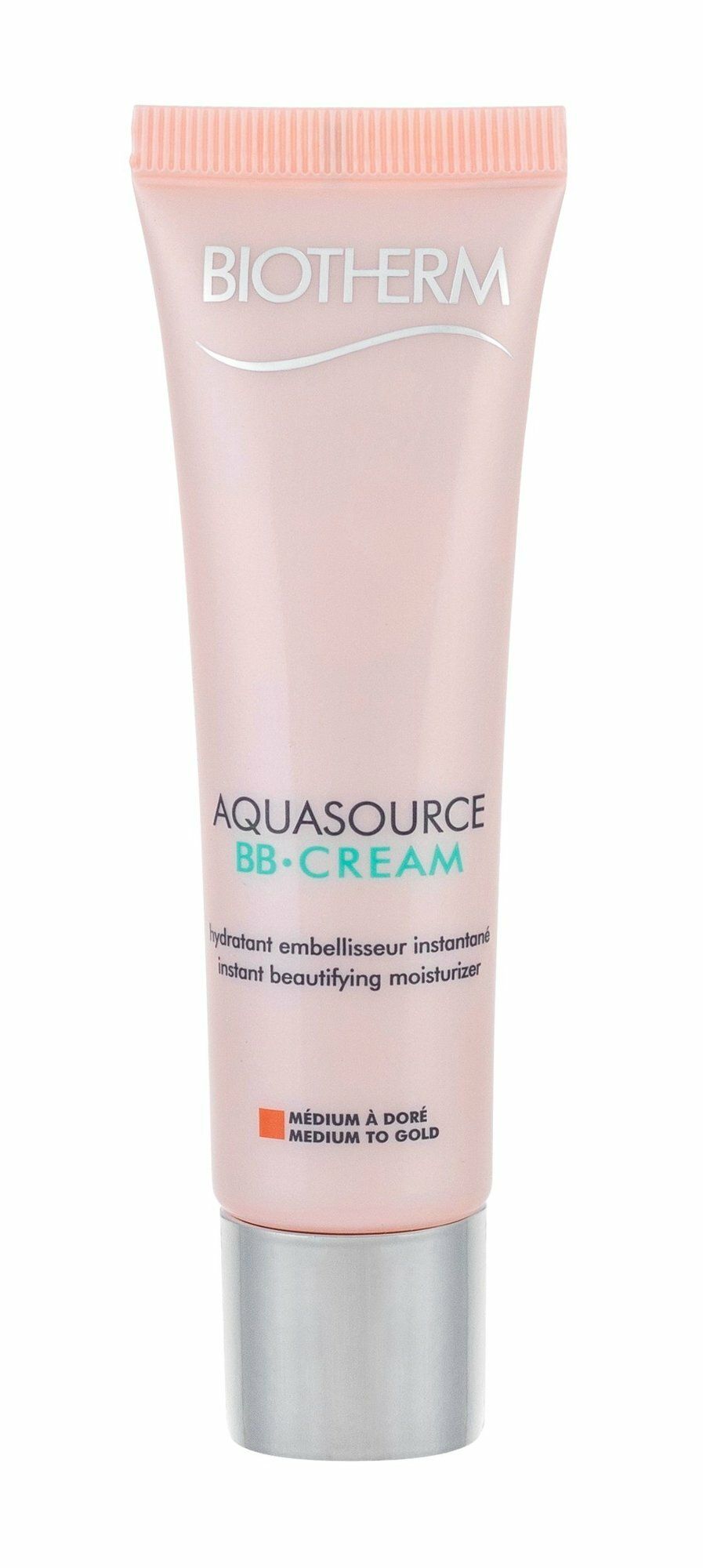Tubo BIOTHERM AQUASOURCE BB CREAM. Medium à Doré. Tubo rosa con tappo argentato. Nome e tonalità.