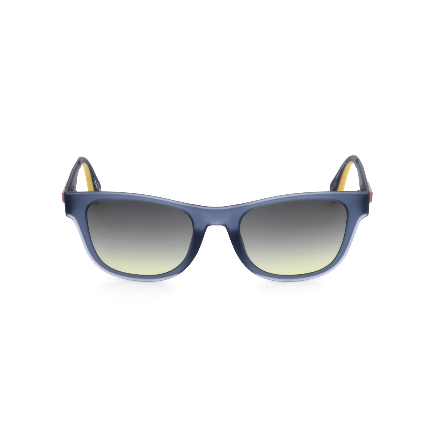 Occhiali da sole blu con montatura rettangolare e lenti sfumate.