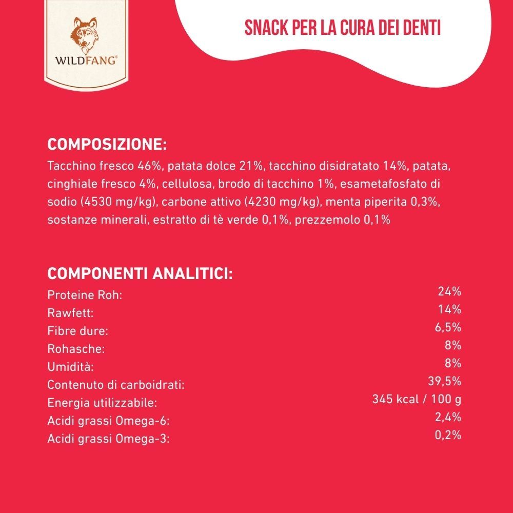 Composizione e analisi degli snack per cani. Testo: tacchino fresco, patata dolce, tacchino disidratato, ecc.