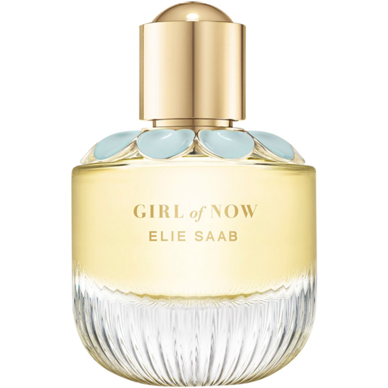 Flacone di profumo con tappo dorato e fiori azzurri. Scritta: GIRL of NOW, ELIE SAAB.