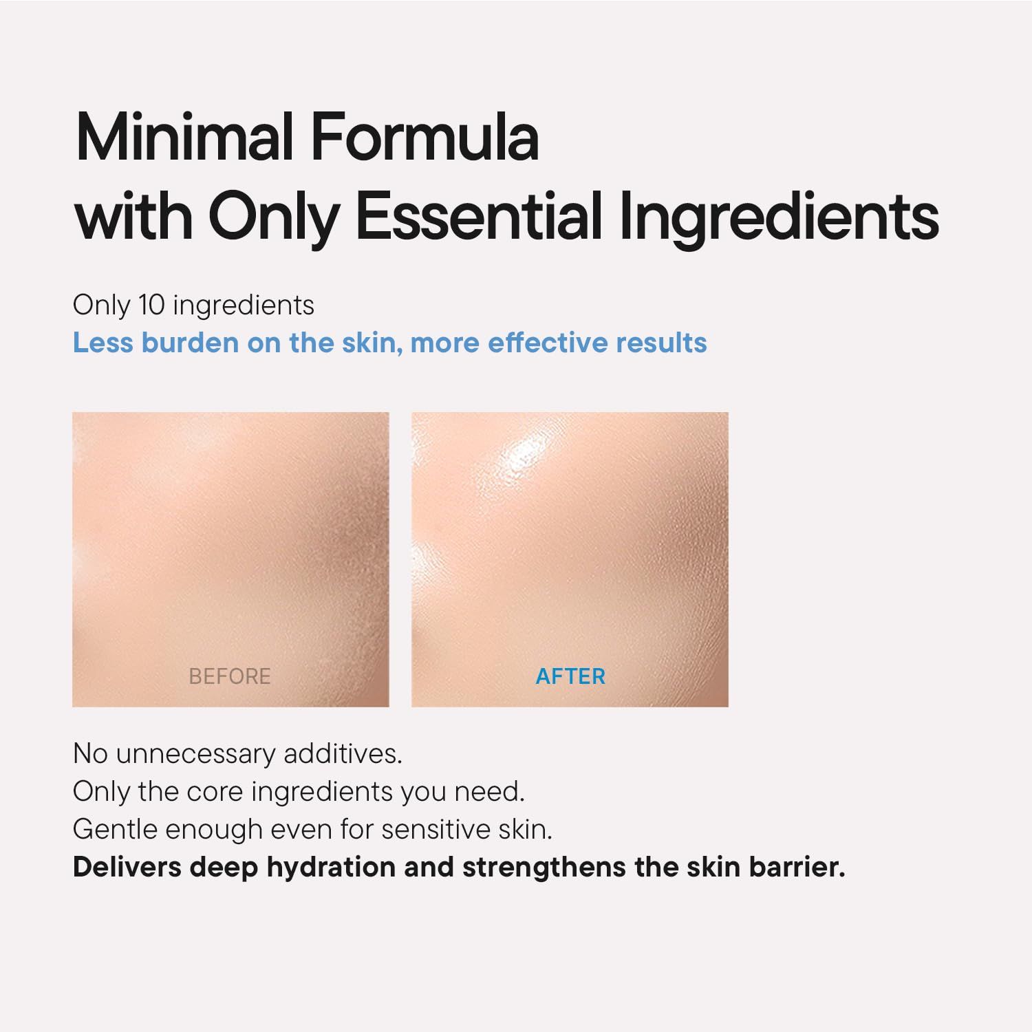 Testo: Formula minima con soli ingredienti essenziali. Confronto prima-dopo della pelle.