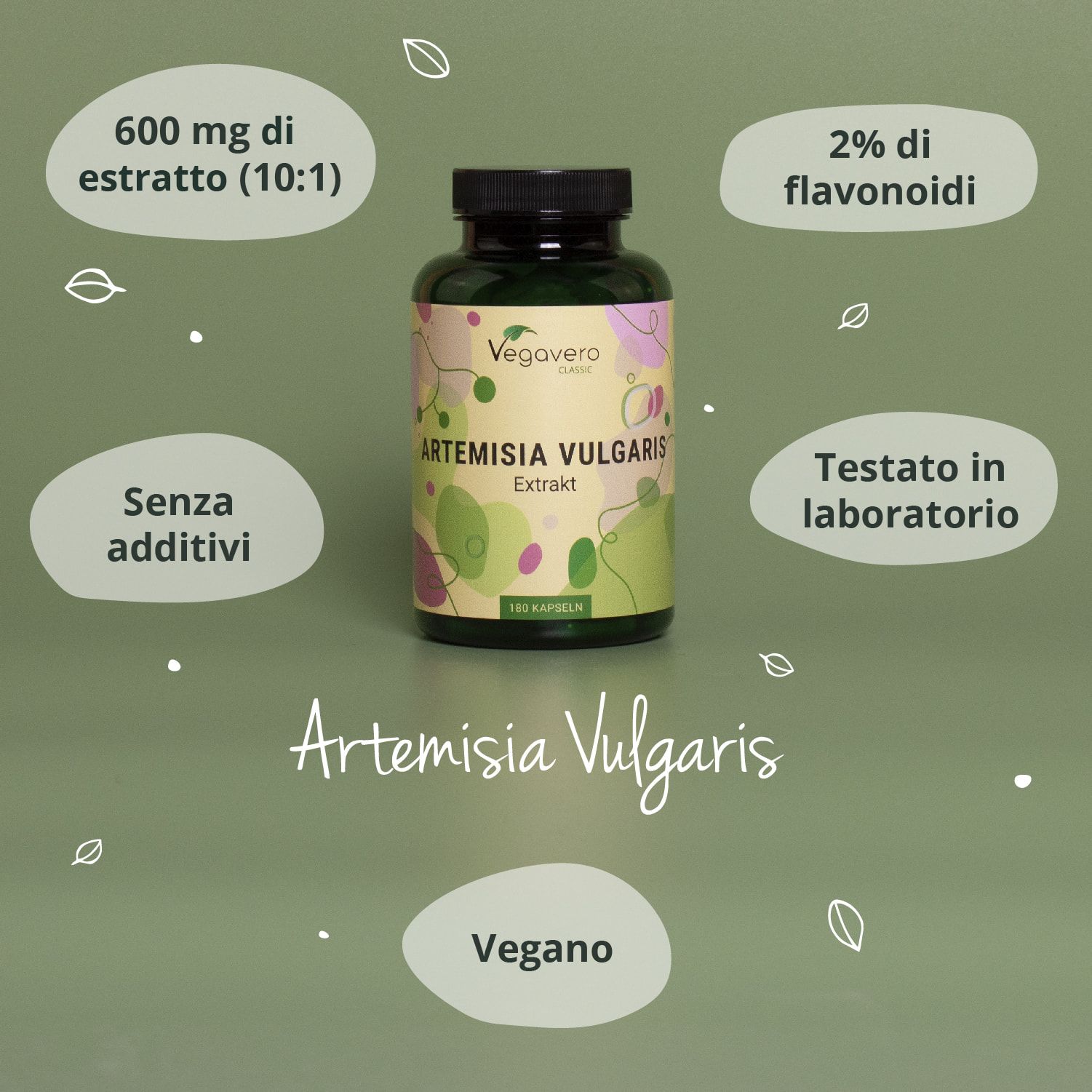 Flacone verde con tappo nero. Scritta: ARTEMISIA VULGARIS. Informazioni aggiuntive: 600 mg estratto, 2% flavonoidi, vegano. Vegavaro Classic.