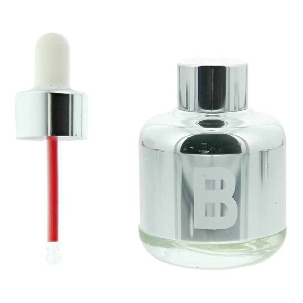 Flacone argentato con tappo bianco e pipetta. Liquido rosso visibile nella pipetta. "B" sul flacone.
