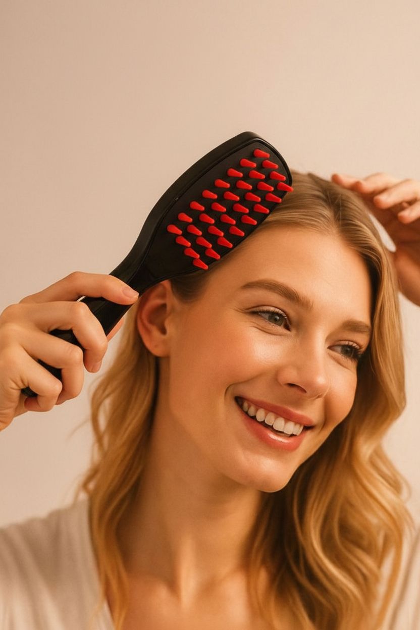 Donna con capelli biondi usa una spazzola nera con setole rosse sulla testa.