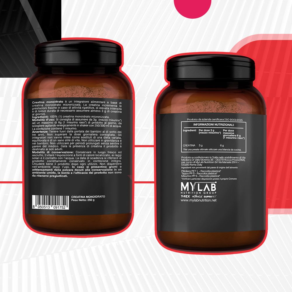 Retro e fronte di un barattolo di Creatina Monoidrato T-Rex Integratori, 250g.