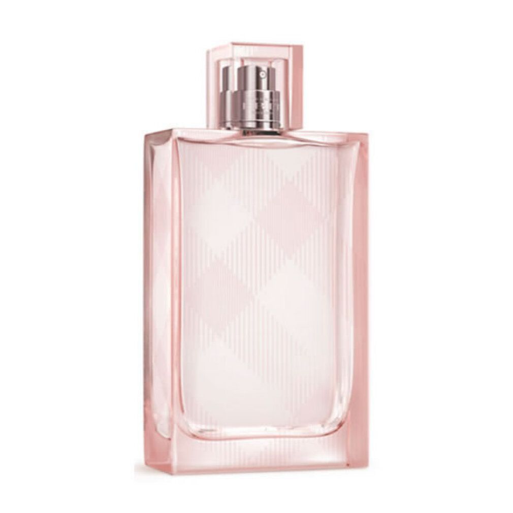 Flacone rosa con vaporizzatore. Forma quadrata, vetro trasparente. Burberry Brit Sheer.