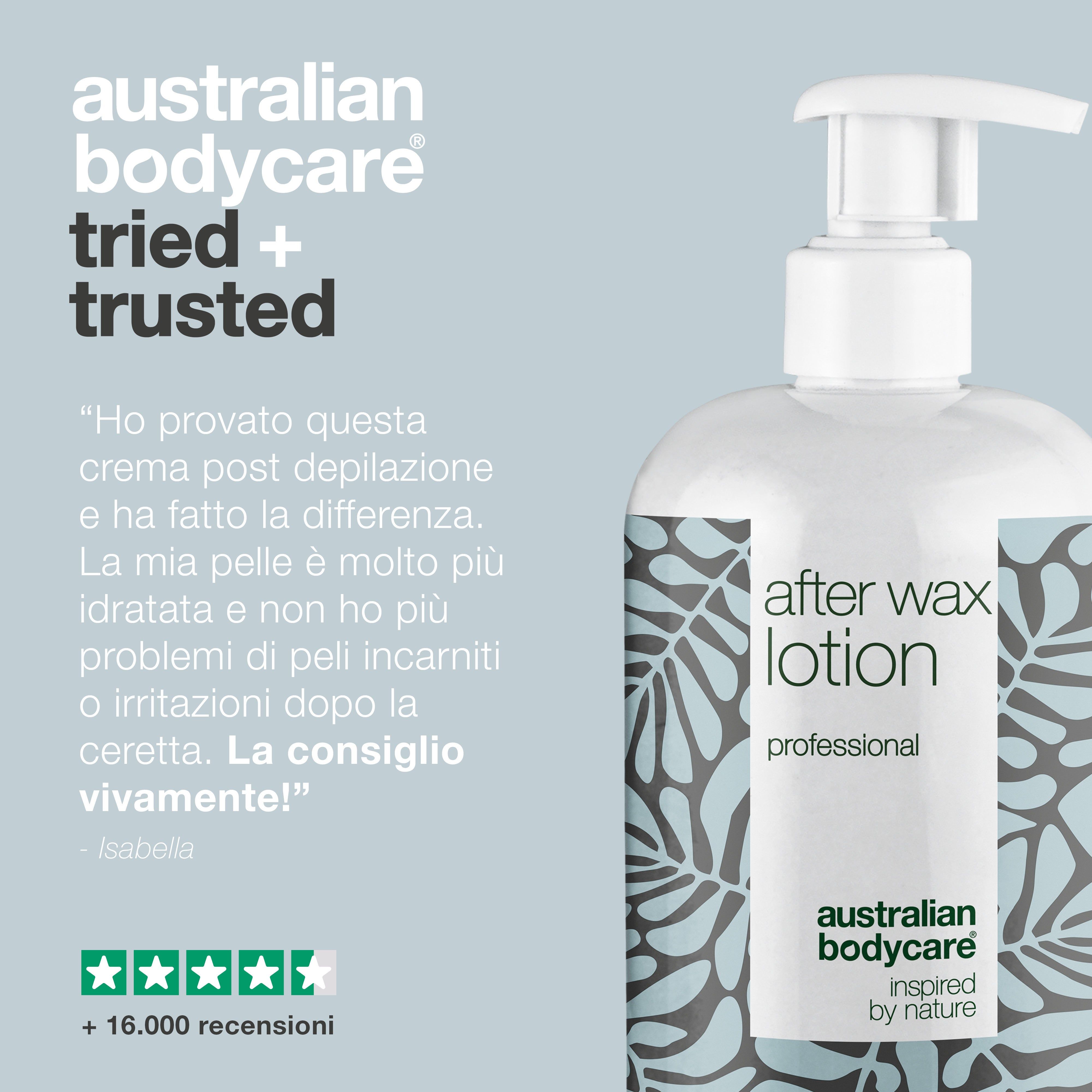 Flacone After Wax Lotion con testo e recensione. Testo: After Wax Lotion, professionale. Valutazione 5 stelle, +16.000 recensioni.