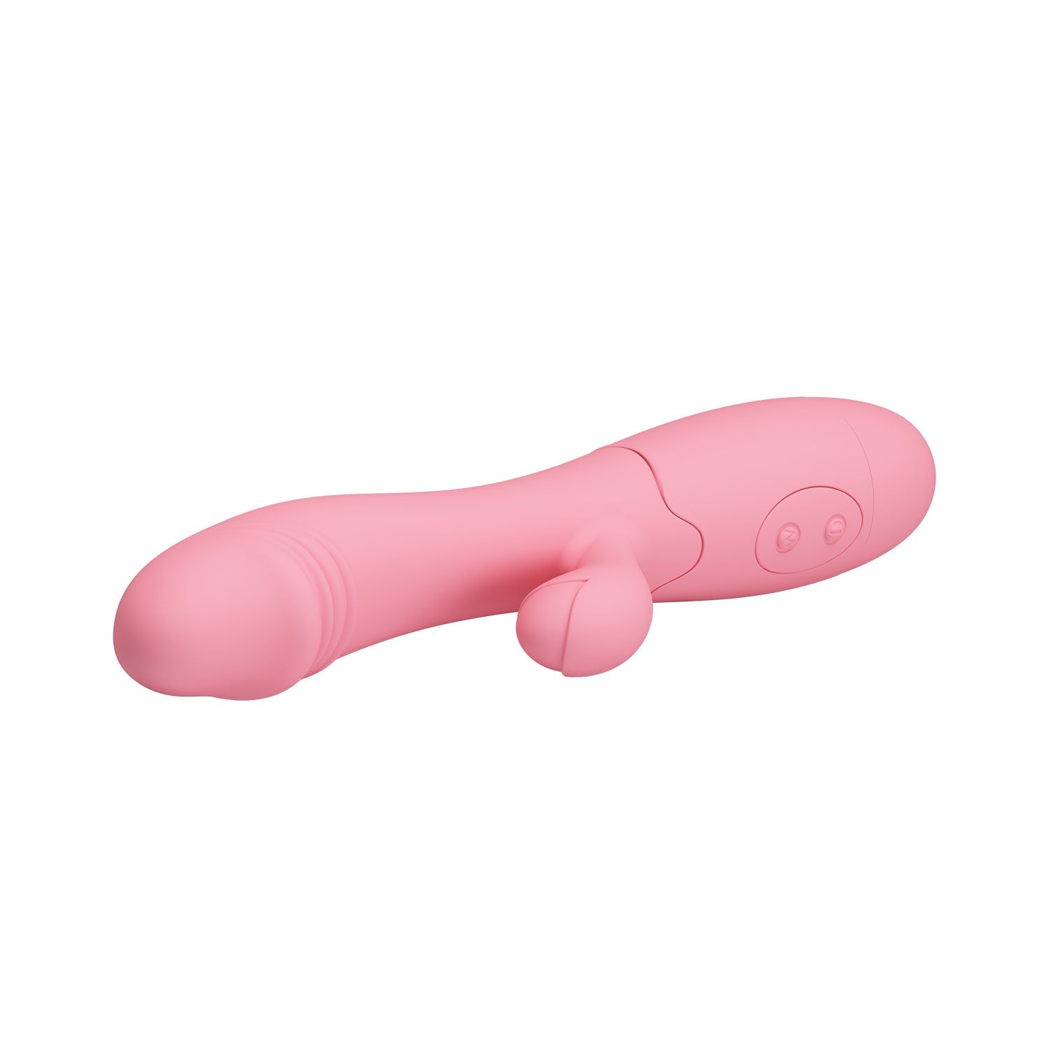 Vibratore rosa, forma curva. Due pulsanti sull'impugnatura. Materiale siliconico.