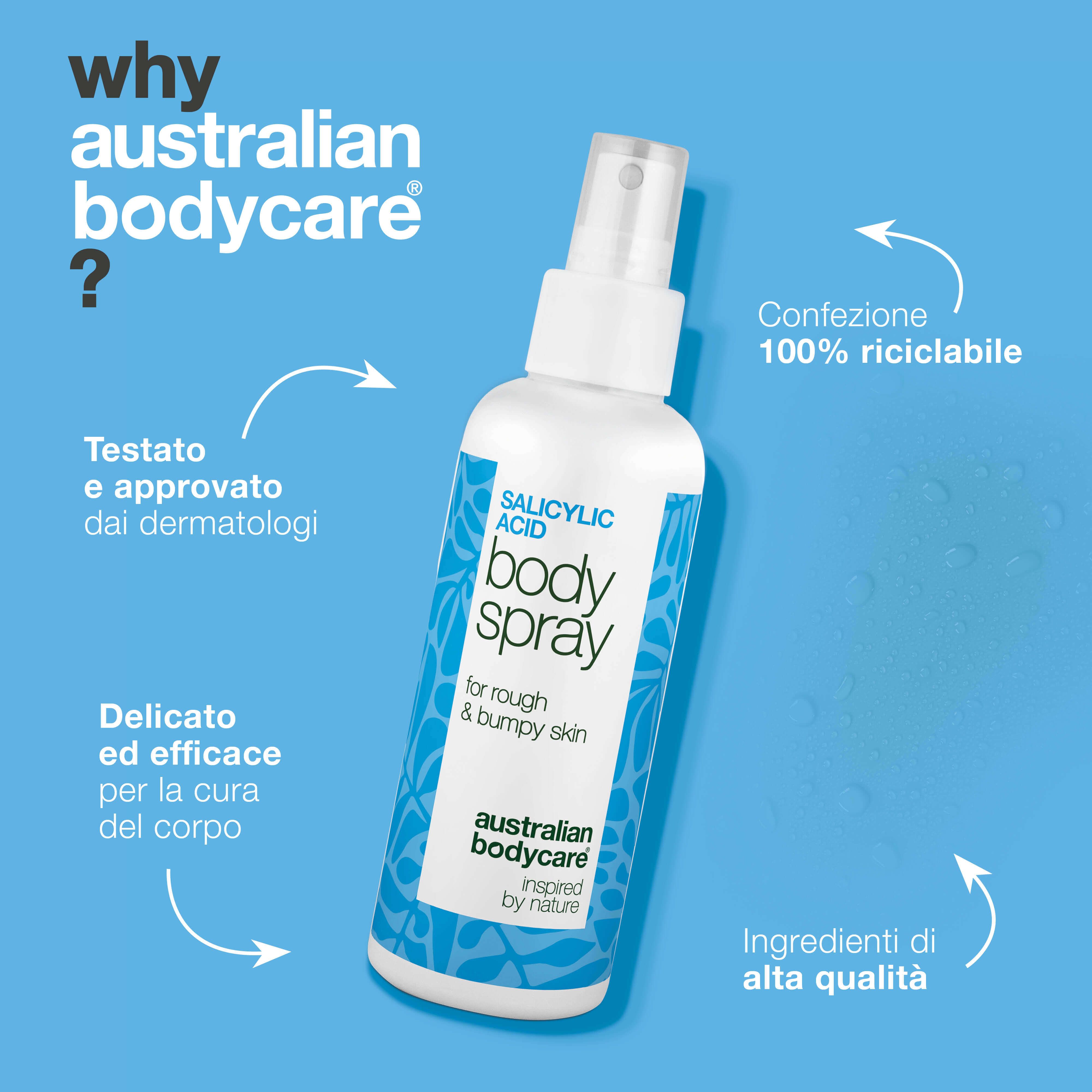 Spray con testo: Salicilico Body Spray, Australian Bodycare. Frecce che indicano i vantaggi.