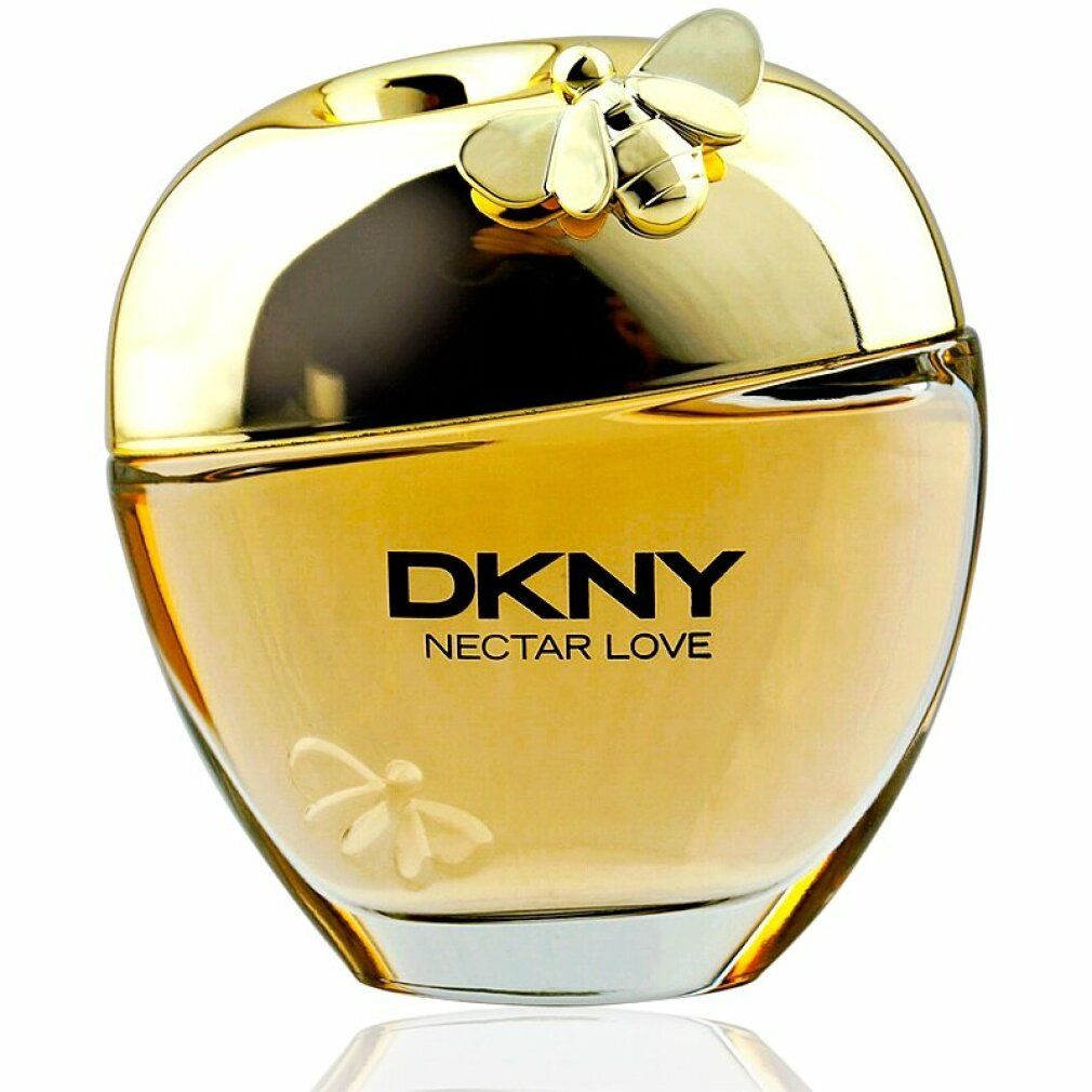 Flacone di profumo rotondo con tappo dorato e ape. Scritta DKNY Nectar Love.