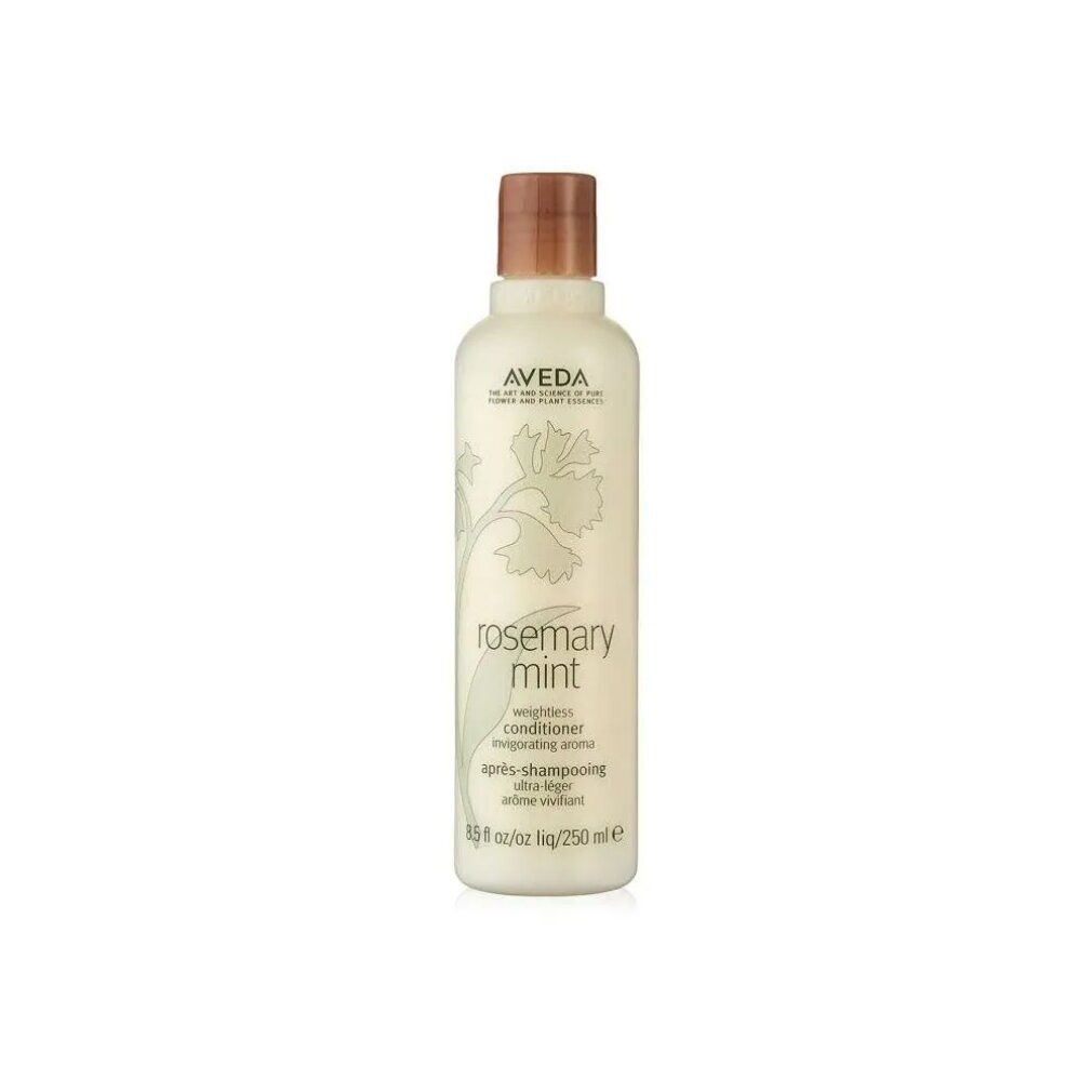 Flacone beige con tappo marrone. Scritta: Aveda, Rosemary Mint, balsamo. 250 ml.