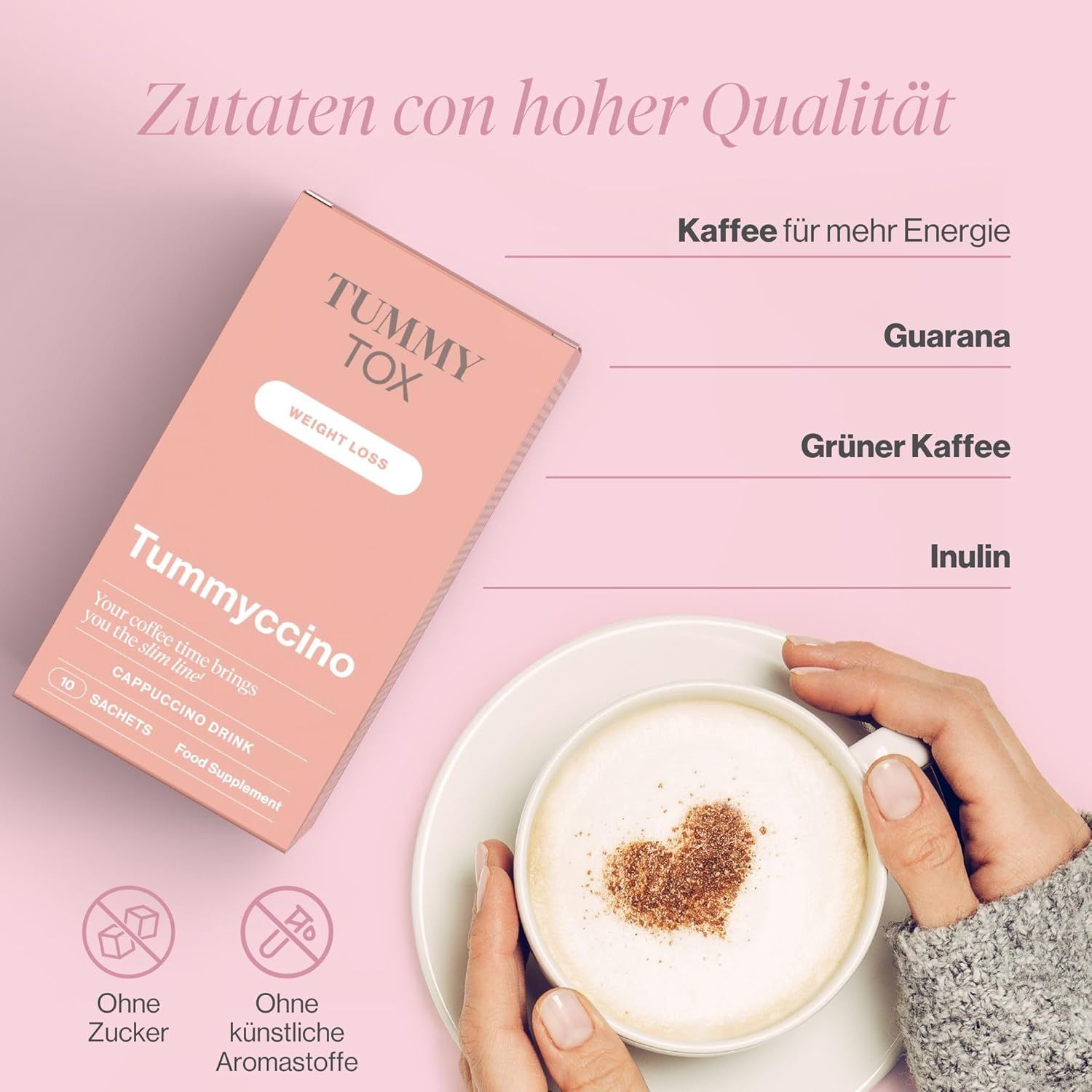 Confezione del prodotto. Testo: Tummyccino, Cappuccino Drink, 10 bustine, senza zucchero, senza aromi. Ingredienti: caffè, guaranà, caffè verde, inulina.