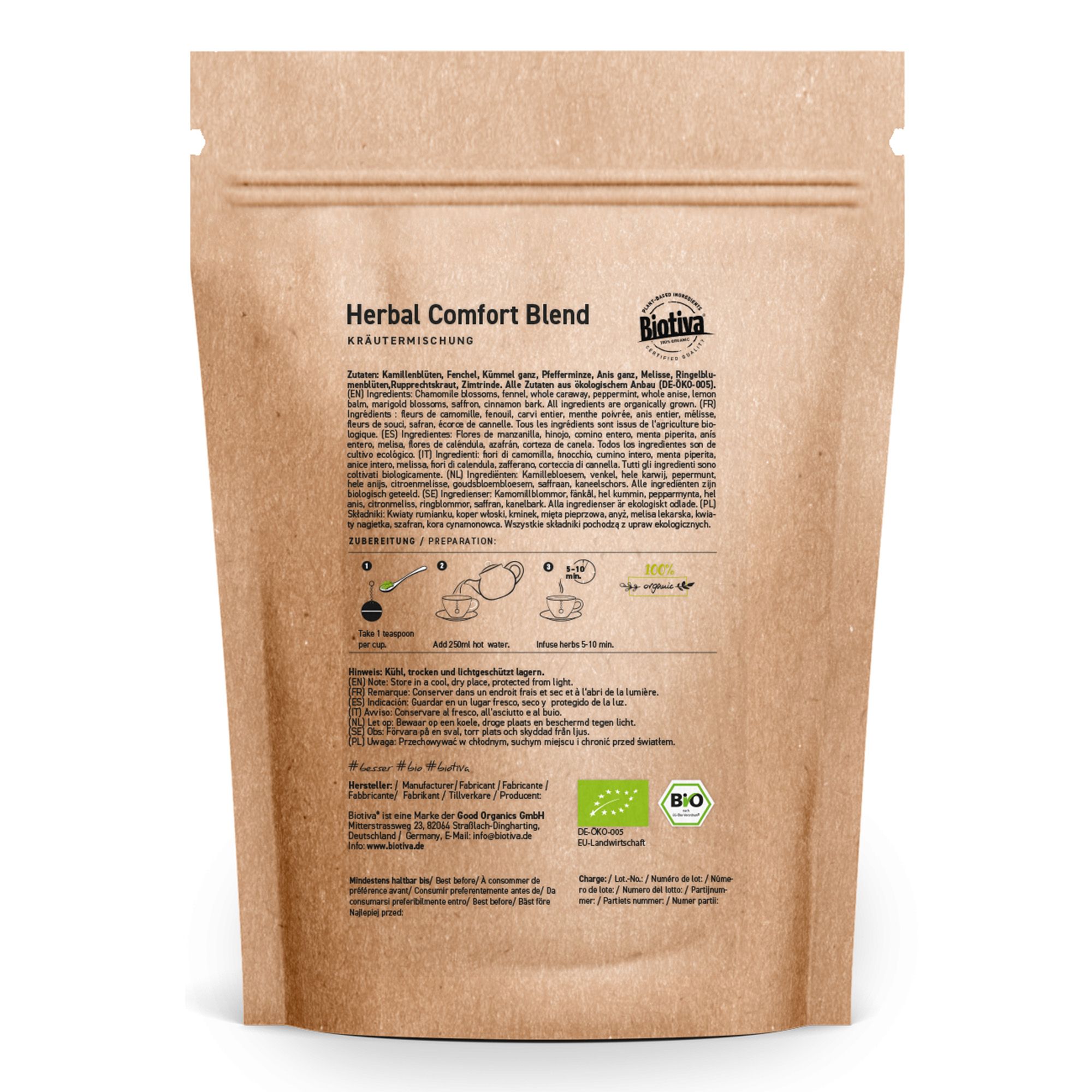 Confezione in carta marrone con testo. Scritto: Herbal Comfort Blend, Biotiva. Certificazione biologica. Elenco ingredienti e istruzioni.