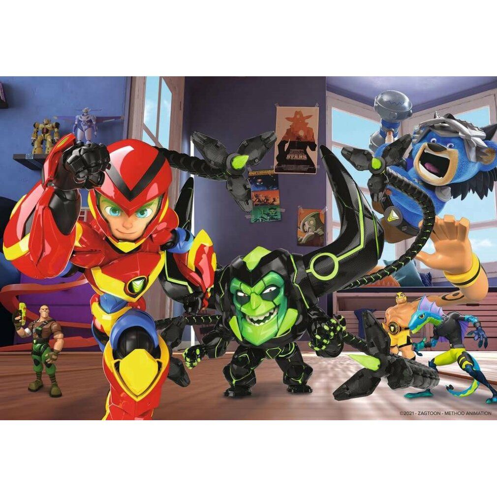 Motivo puzzle con personaggi Power Players in una stanza. Vari personaggi in azione. Colori vivaci e stile fumetto.