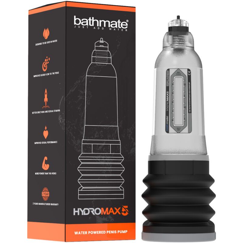 Bathmate Hydromax5 con confezione, dispositivo argentato accanto.