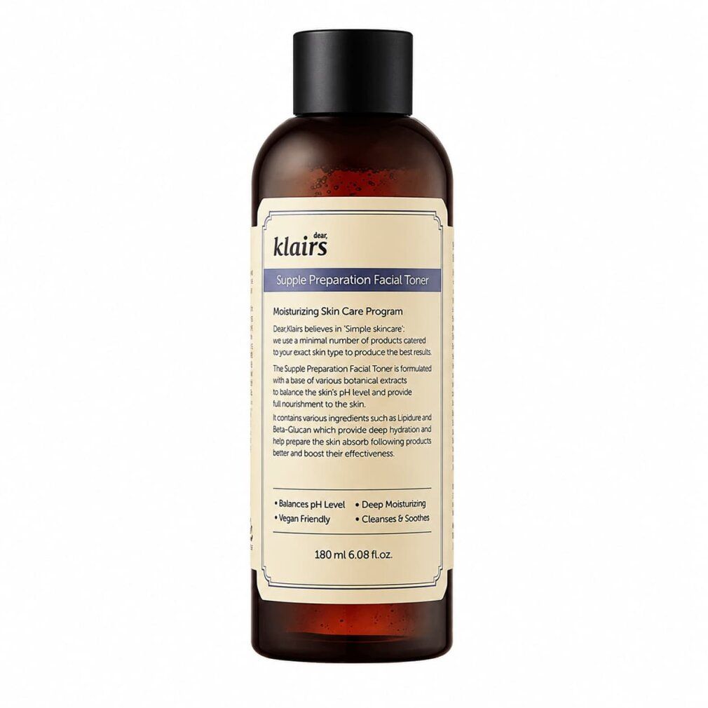 Flacone in vetro marrone con etichetta chiara, Dear Klairs Supple Preparation Facial Toner, 180ml.