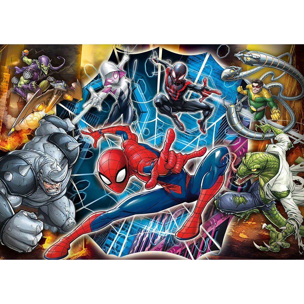 Puzzle Spiderman completato. Mostra Spiderman e altri personaggi dei fumetti. 104 pezzi. Super Color.