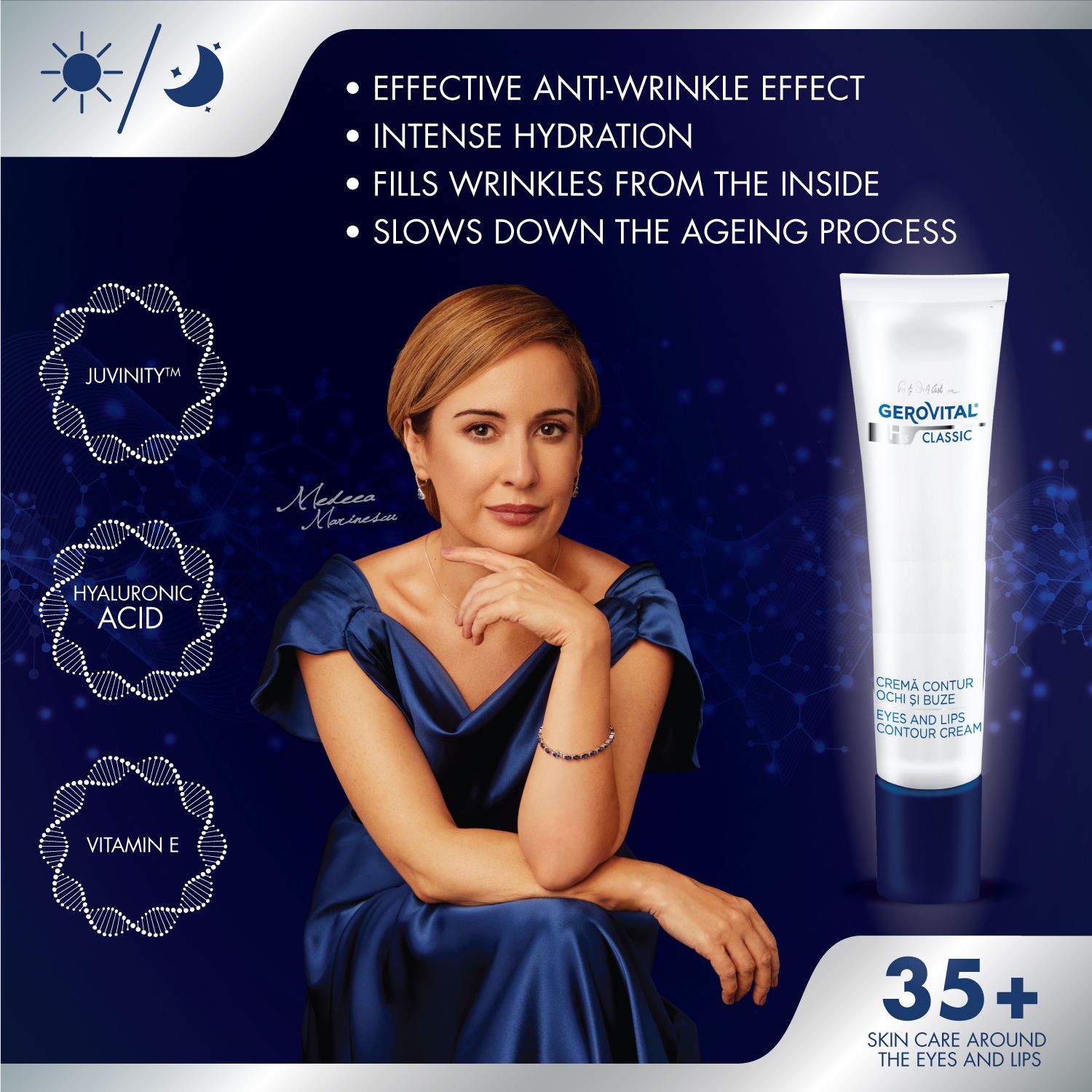 Gerovital crema contorno occhi e labbra. Caratteristiche: Anti-rughe, acido ialuronico, vitamina E.