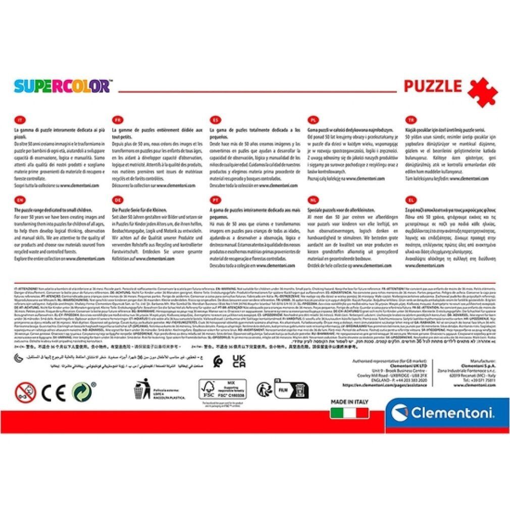 Retro della confezione del puzzle. Testo multilingue. Logo Clementoni, certificazioni e origine: Italia.