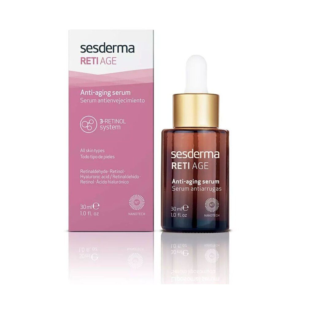 Flacone in vetro marrone con pipetta e confezione. Scritta: sesderma RETI AGE, siero anti-età. 30ml.
