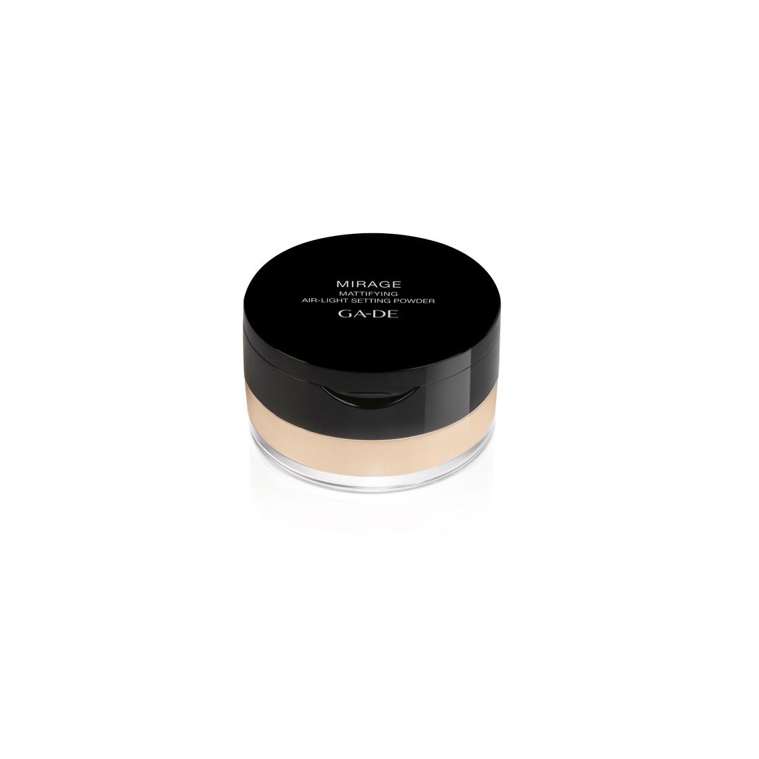 Contenitore di polvere rotondo con coperchio nero. Scritta: Mirage, Mattifying Air Light Setting Powder, Ga-De.