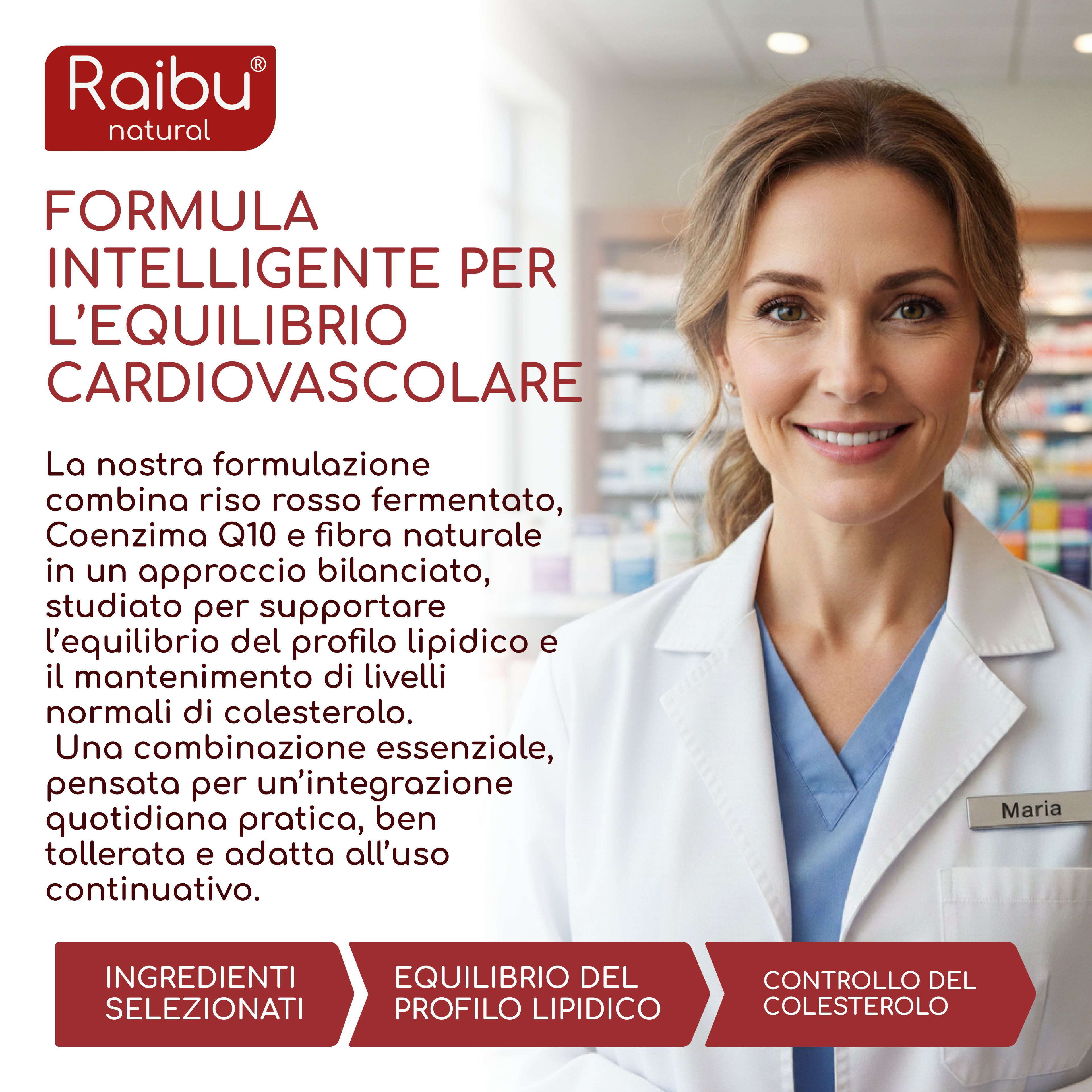 Donna in camice bianco. Formula intelligente per l'equilibrio cardiovascolare. Riso rosso, coenzima Q10 e fibre.