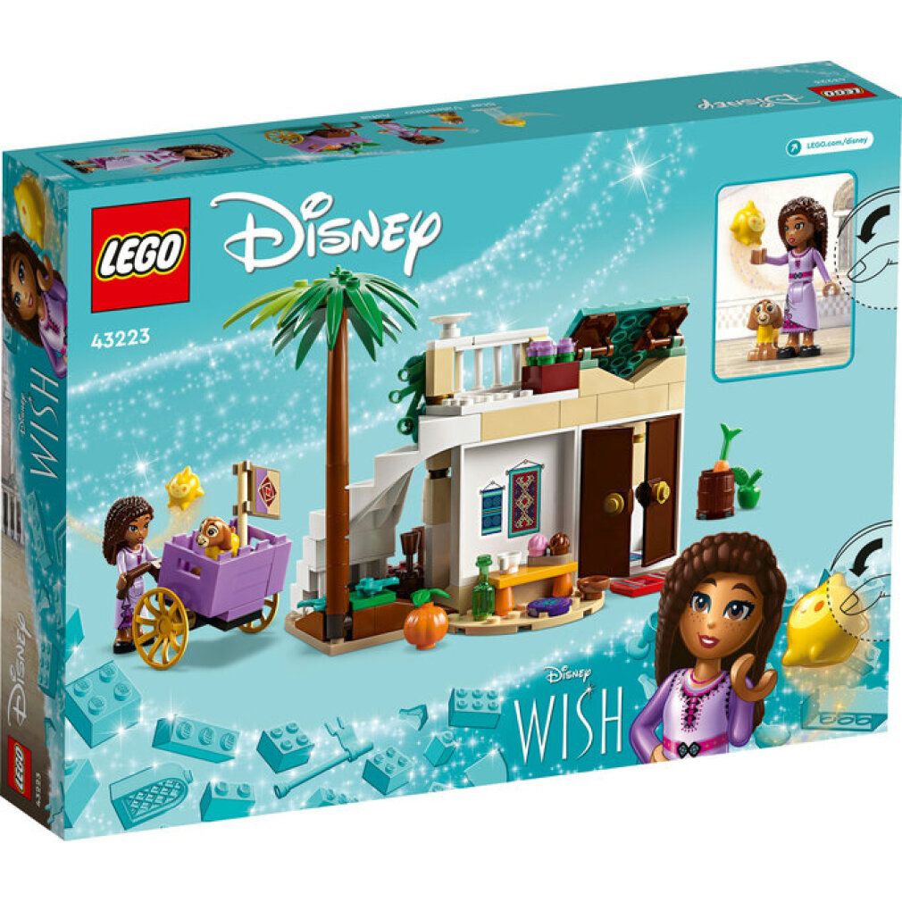 LEGO Disney Wish 43223. Retro della confezione. Include mini bambolina Asha, edificio, carretto, animali e accessori. Istruzioni.
