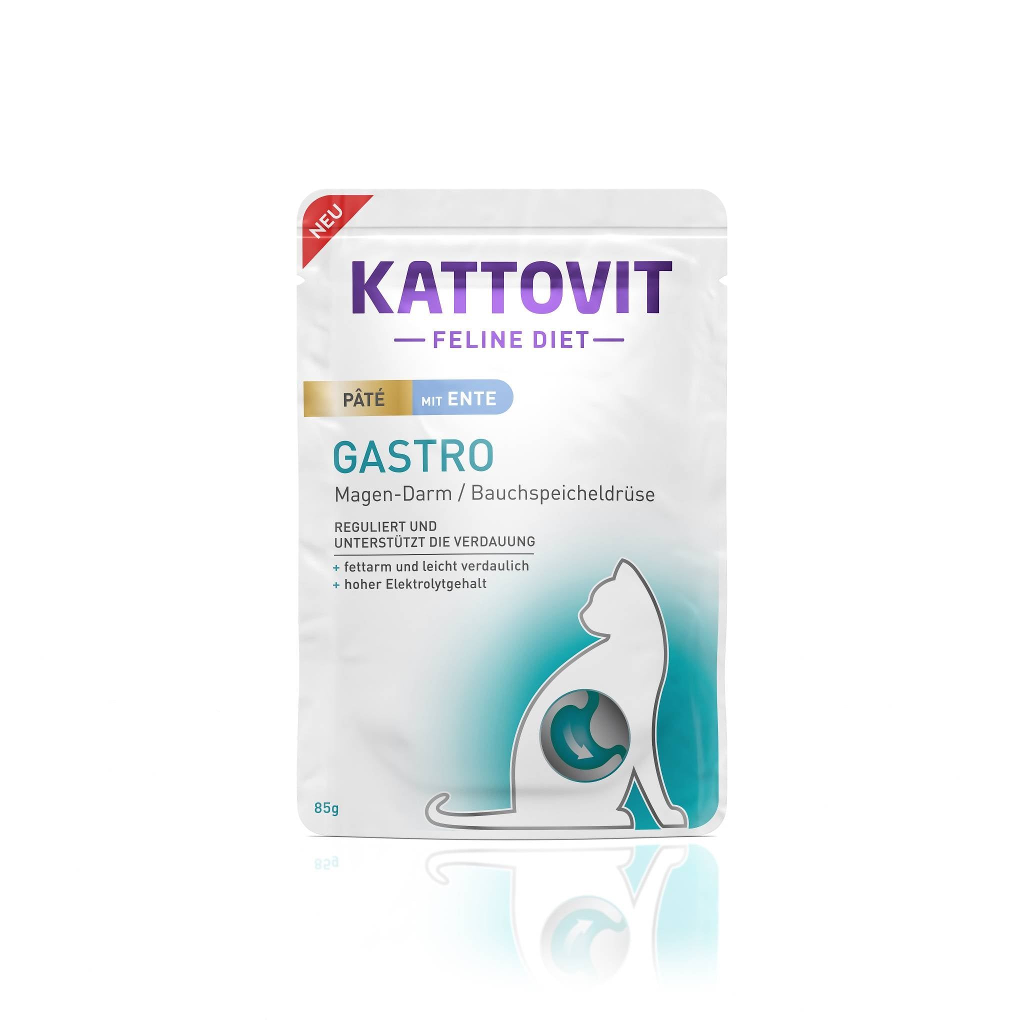 KATTOVIT Gastro Paté Ente. Confezione bianca con informazioni sul prodotto e sagoma di gatto. Testo: "Gastro", "Magen-Darm", "NEU".