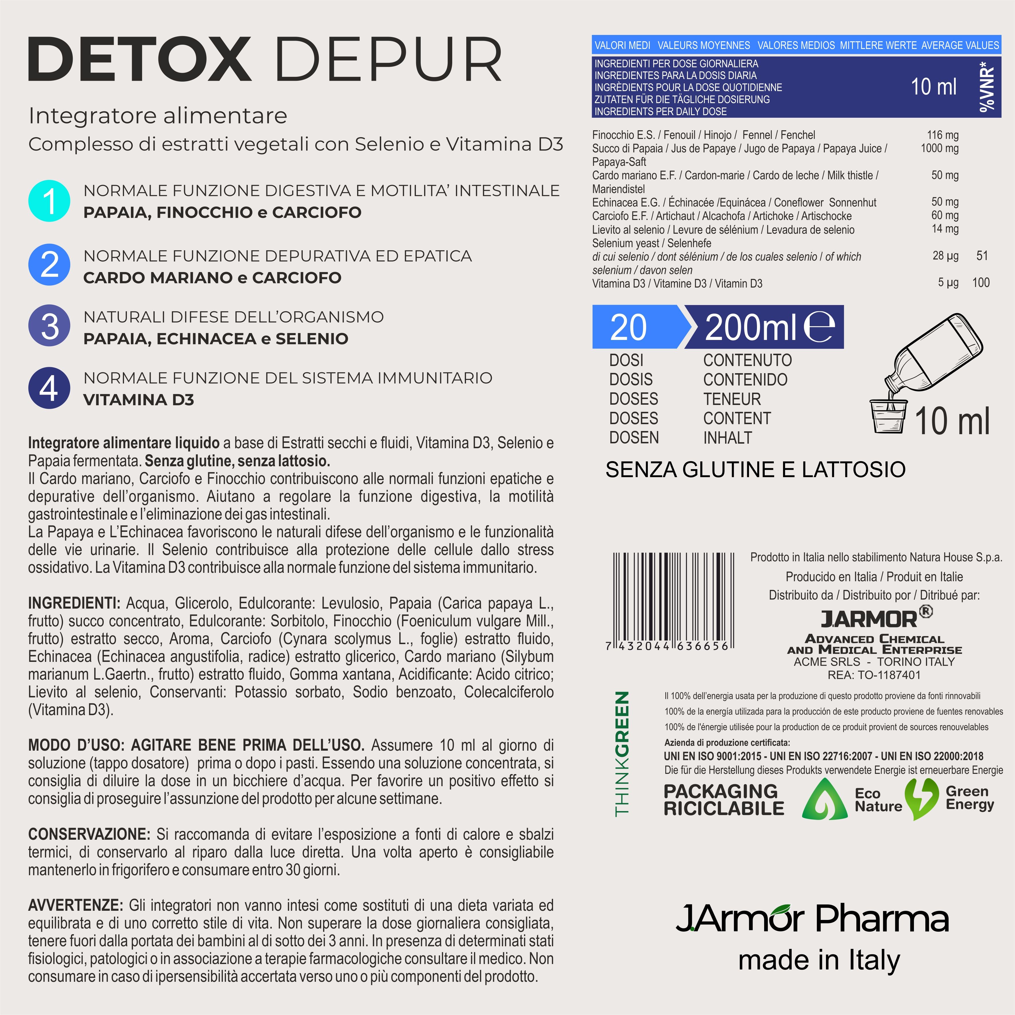 Retro della confezione del prodotto. Testo: Ingredienti, dosaggio, avvertenze. Marchio: JArmor Pharma.